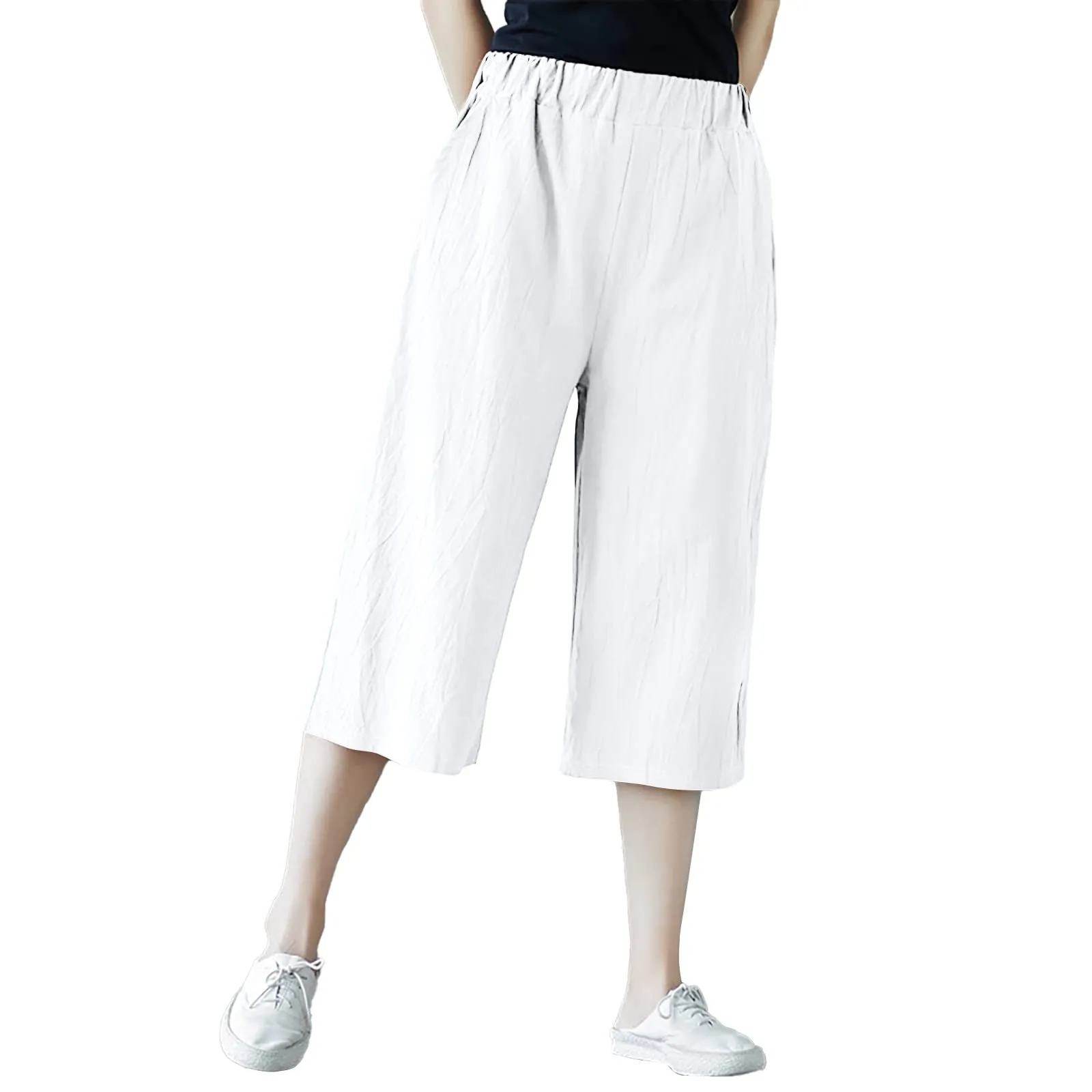 Pinocchietto Donna Taglie Forti Pinocchietti Sportivi Cotone E Lino Casual Bermuda Cropped Leggeri Da Donna Pantalone 3/4 Di Lino Traspiranti Pantaloni Palazzo Larghi Shorts Estivi Taglie Forti - immagine 1