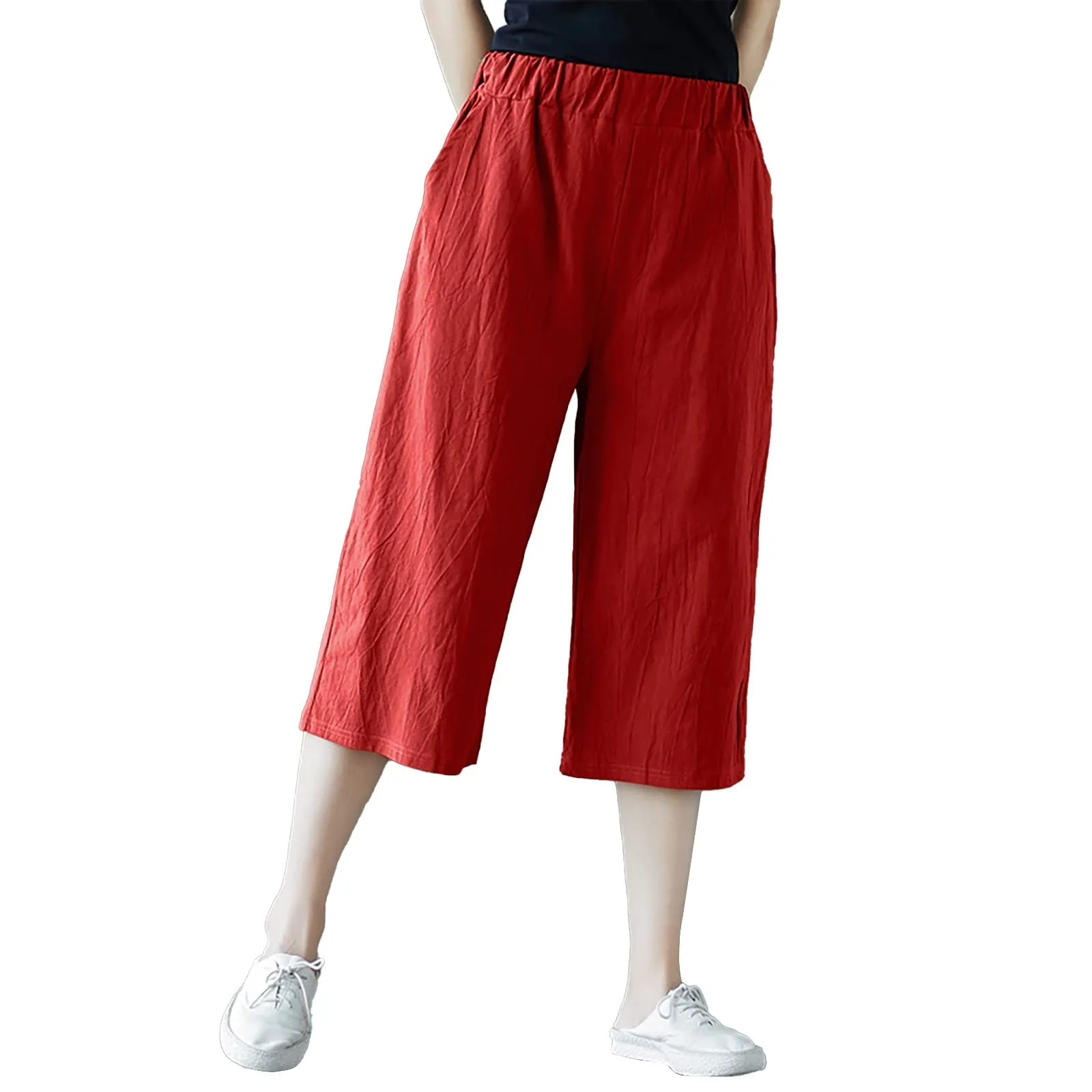 Pinocchietto Donna Taglie Forti Pinocchietti Sportivi Cotone E Lino Casual Bermuda Cropped Leggeri Da Donna Pantalone 3/4 Di Lino Traspiranti Pantaloni Palazzo Larghi Shorts Estivi Taglie Forti - immagine 1