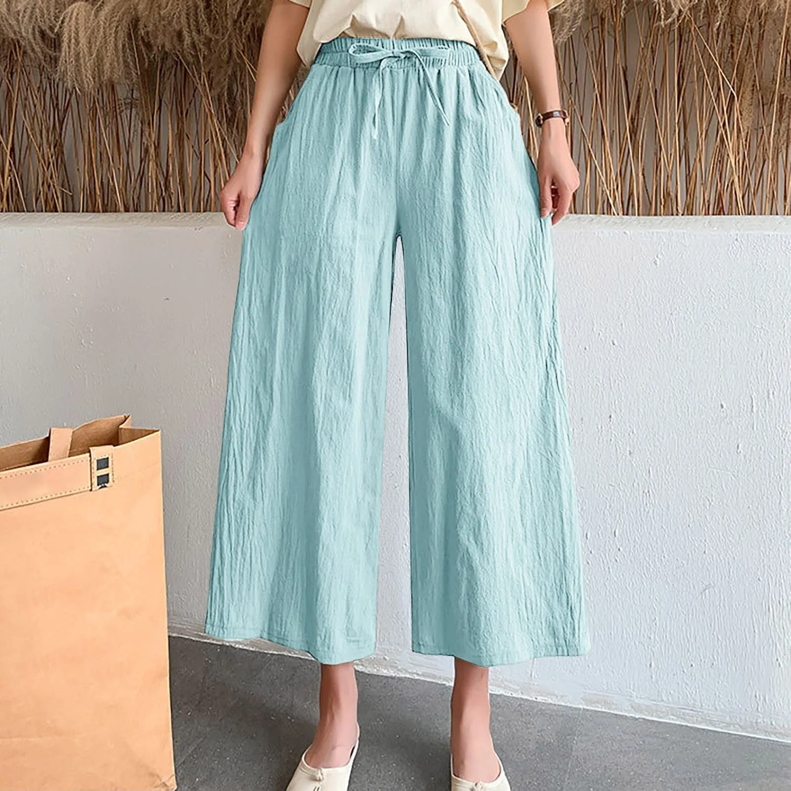 Pinocchietti Estivi Donna Pantaloni Eleganti Sportivi Estivi Pinocchietti 3/4 Cotone E Lino Leggeri Bermuda Capri Di Cotone Elasticizzati Pantalone Della Tuta Da Corsa Pants Da Donna Taglie Forti - immagine 2