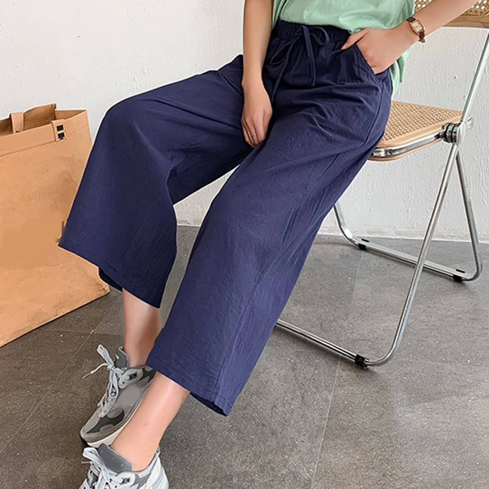 Pinocchietti Estivi Donna Pantaloni Eleganti Sportivi Estivi Pinocchietti 3/4 Cotone E Lino Leggeri Bermuda Capri Di Cotone Elasticizzati Pantalone Della Tuta Da Corsa Pants Da Donna Taglie Forti - immagine 3