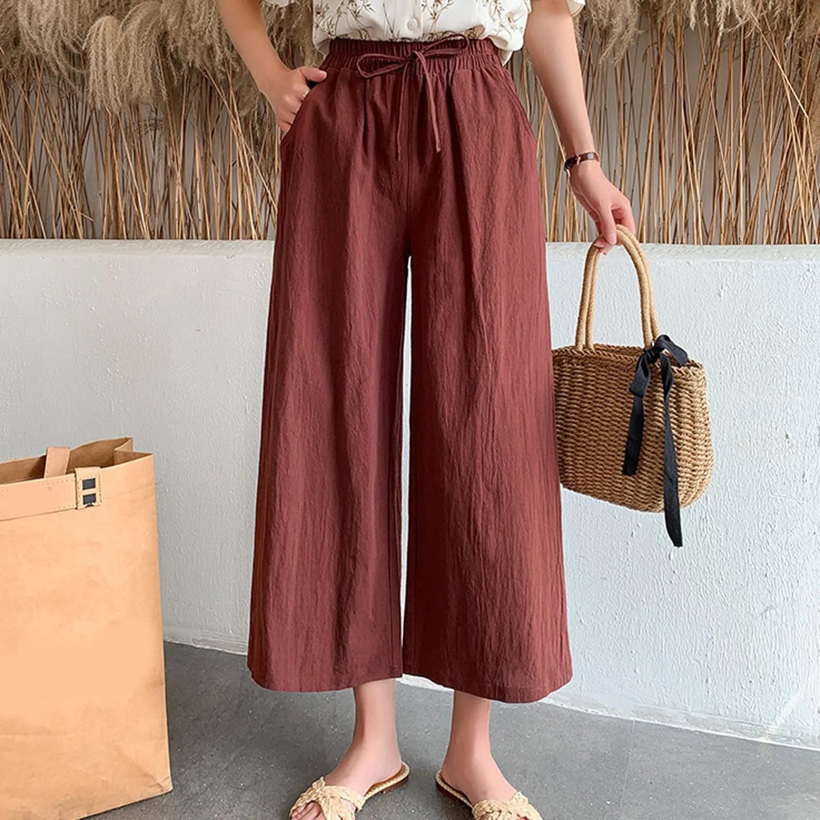 Pinocchietti Estivi Donna Pantaloni Eleganti Sportivi Estivi Pinocchietti 3/4 Cotone E Lino Leggeri Bermuda Capri Di Cotone Elasticizzati Pantalone Della Tuta Da Corsa Pants Da Donna Taglie Forti - immagine 3