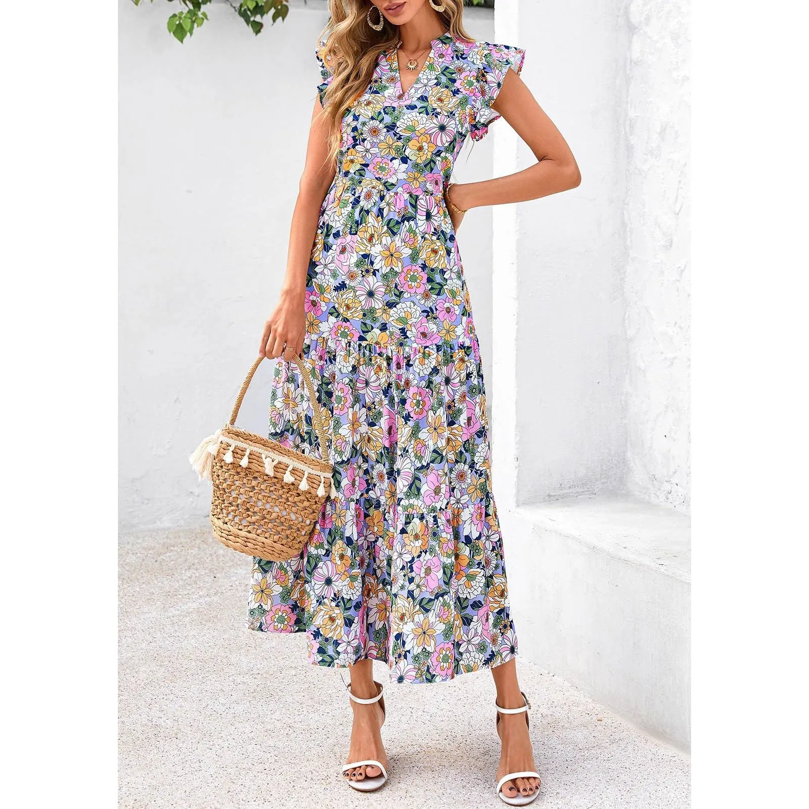 A linee, abito estivo da donna, lungo, con scollo a V, elegante, a vita alta, con maniche a mosca, abito da donna, stile boho, per il tempo libero, leggero, Colore: rosa., XL - immagine 2