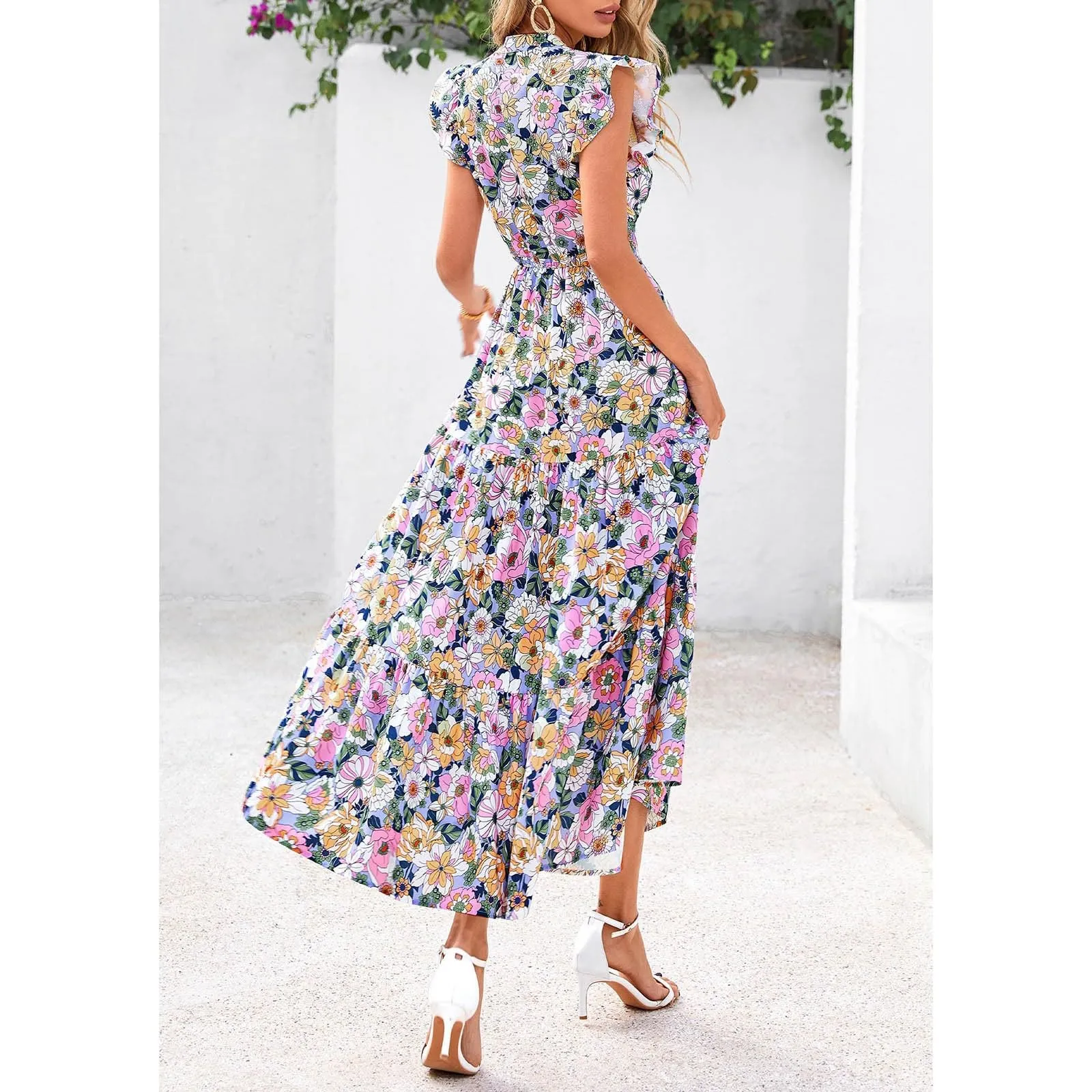 A linee, abito estivo da donna, lungo, con scollo a V, elegante, a vita alta, con maniche a mosca, abito da donna, stile boho, per il tempo libero, leggero, Colore: rosa., XL - immagine 3