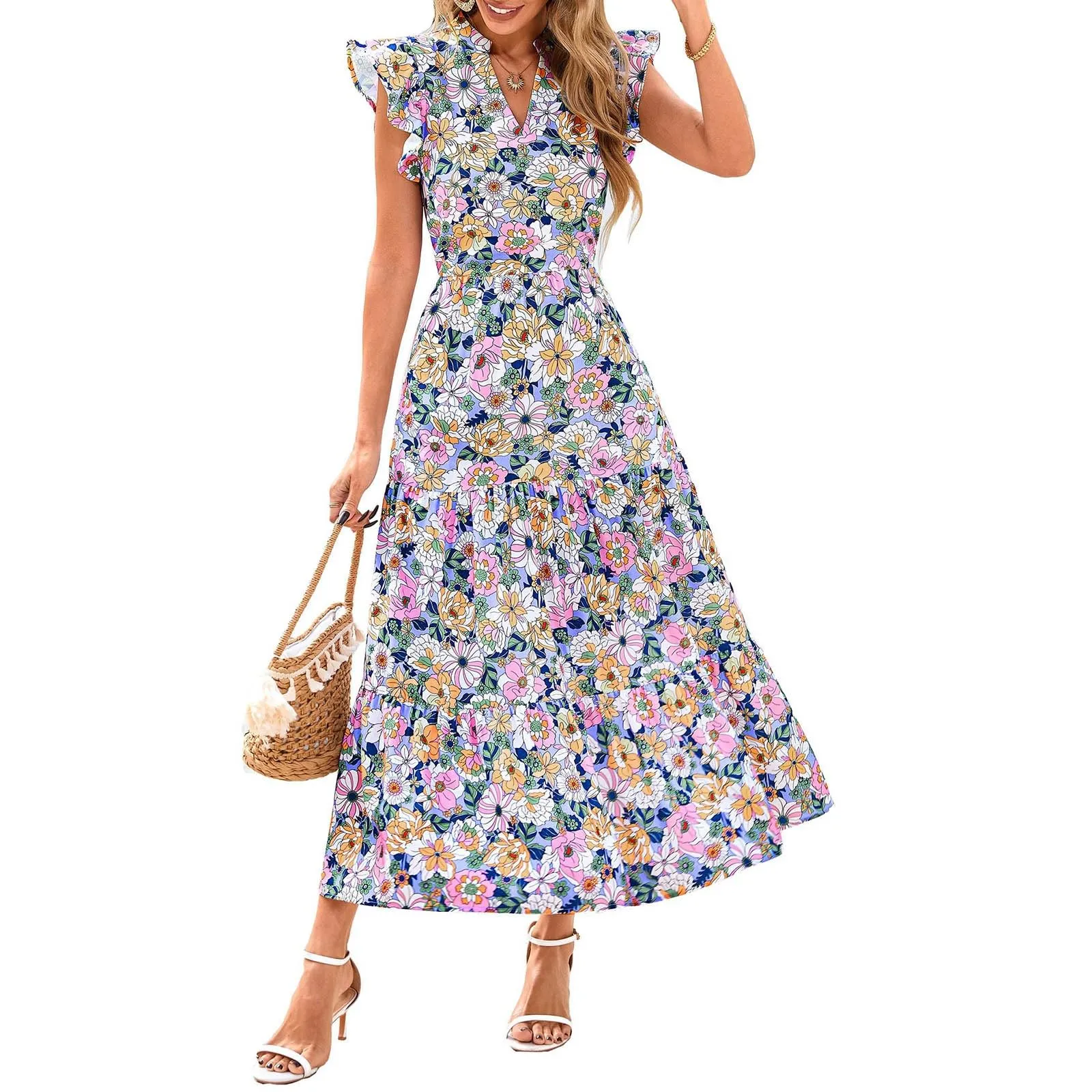 A linee, abito estivo da donna, lungo, con scollo a V, elegante, a vita alta, con maniche a mosca, abito da donna, stile boho, per il tempo libero, leggero, Colore: rosa., XL - immagine 5