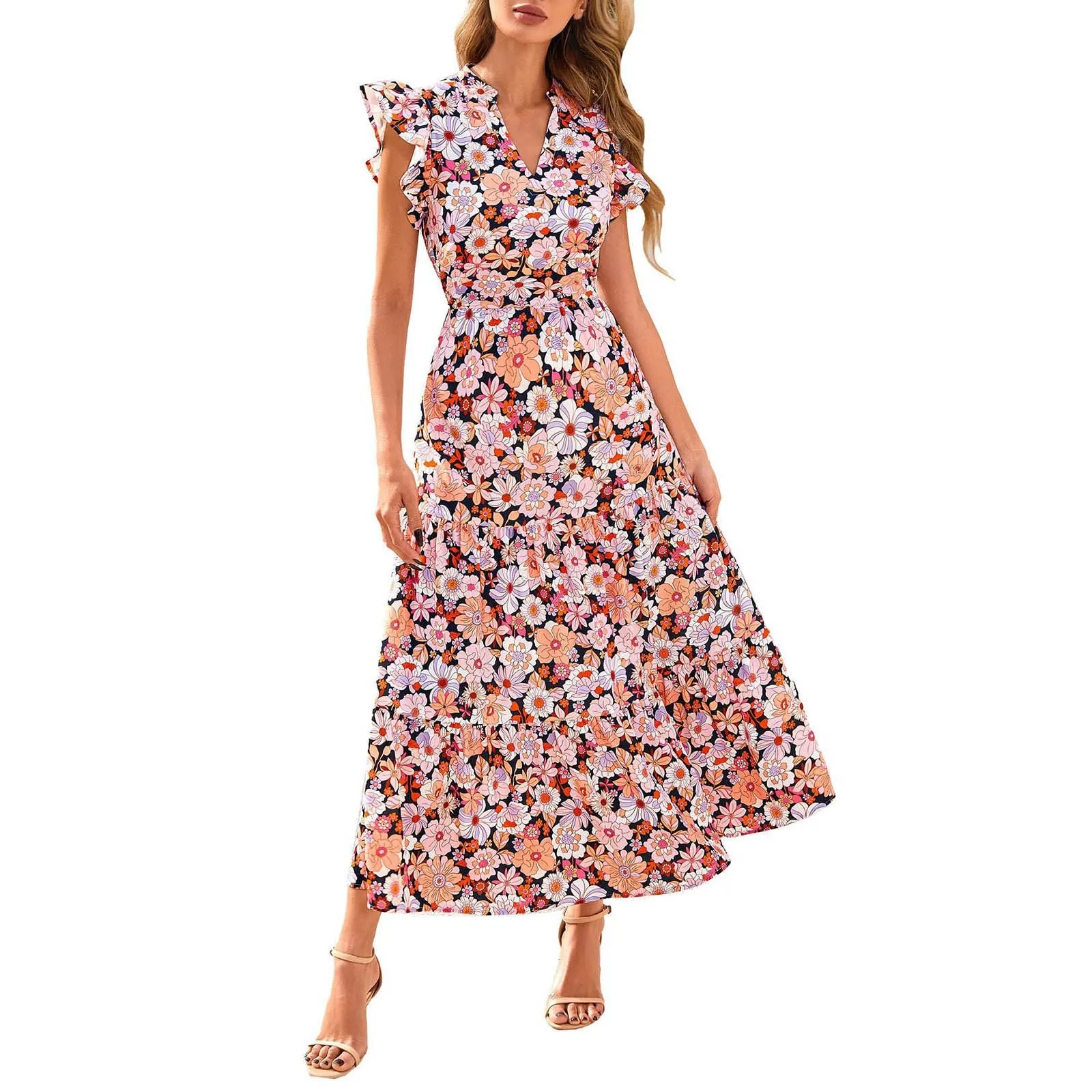 A linee, abito estivo da donna, lungo, con scollo a V, elegante, a vita alta, con maniche a mosca, abito da donna, stile boho, per il tempo libero, leggero, Nero , M - immagine 1
