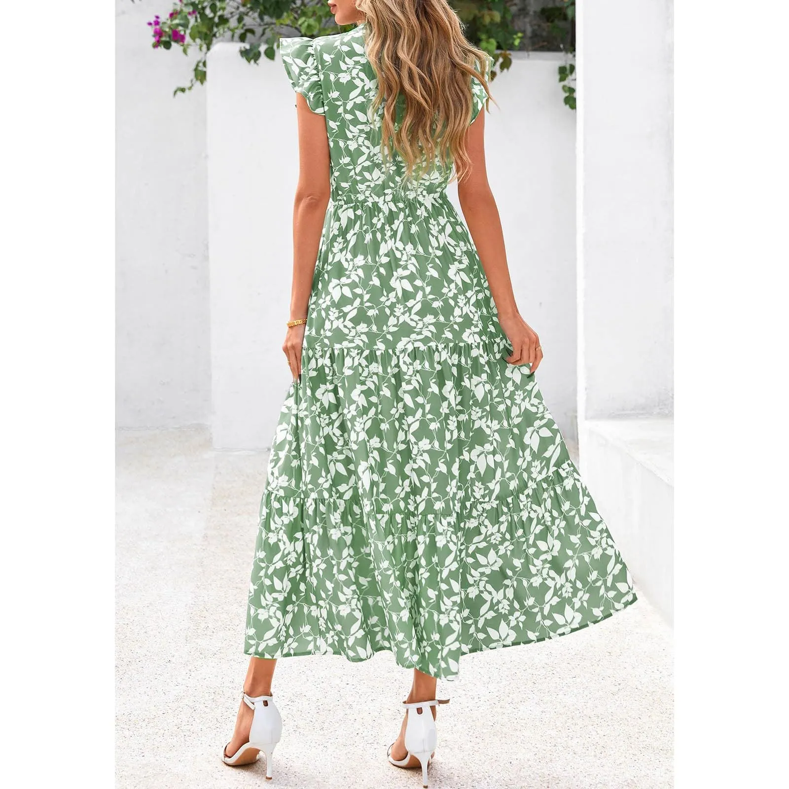 A linee, abito estivo da donna, lungo, con scollo a V, elegante, a vita alta, con maniche a mosca, abito da donna, stile boho, per il tempo libero, leggero, verde, L - immagine 3