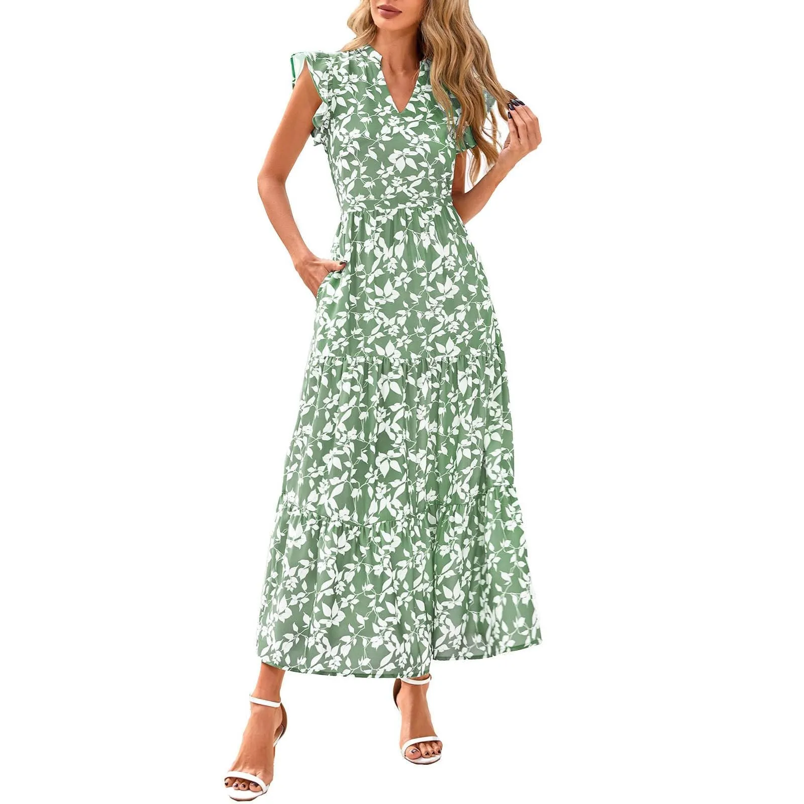 A linee, abito estivo da donna, lungo, con scollo a V, elegante, a vita alta, con maniche a mosca, abito da donna, stile boho, per il tempo libero, leggero, verde, M - immagine 1