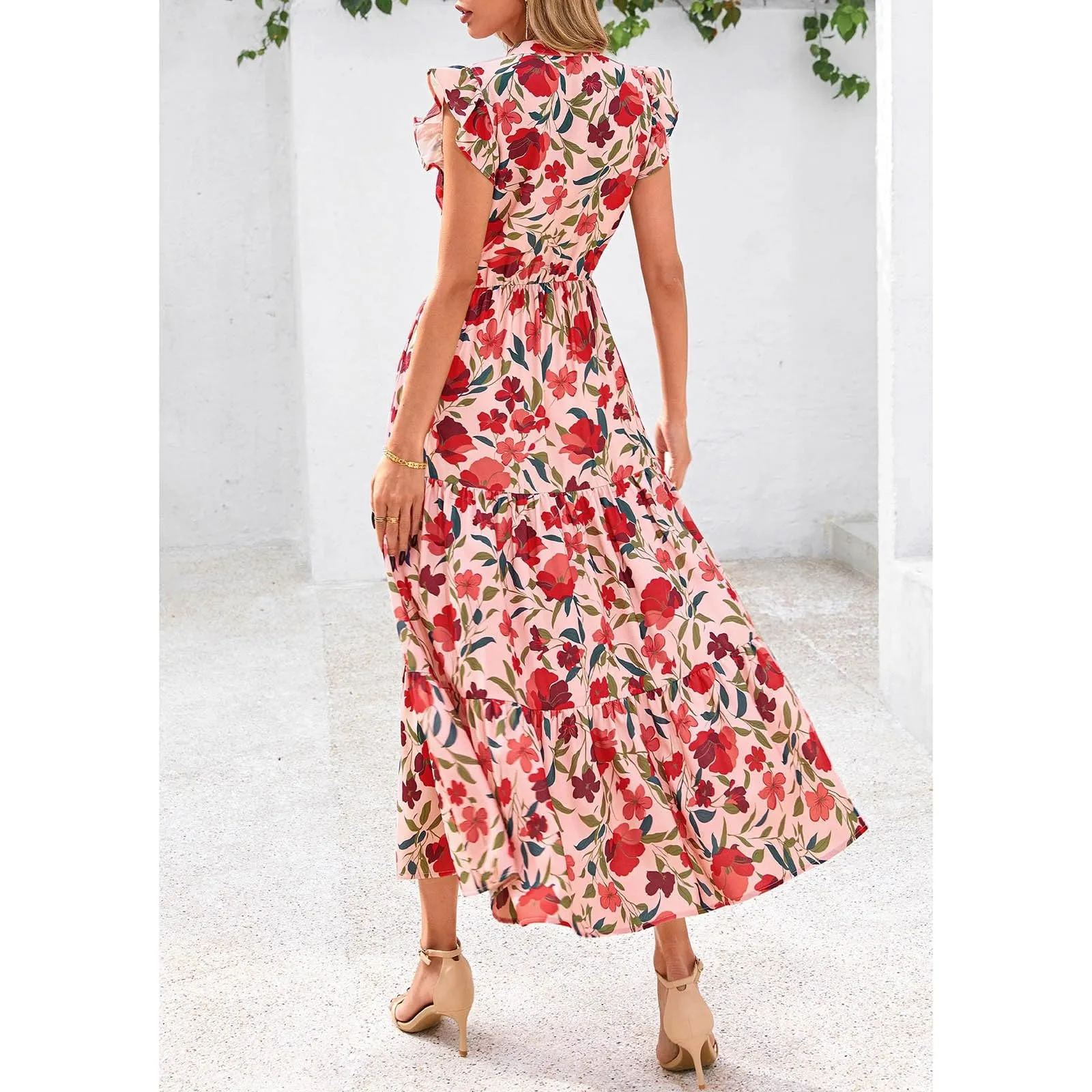 A linee, abito estivo da donna, lungo, con scollo a V, elegante, a vita alta, con maniche a mosca, abito da donna, stile boho, per il tempo libero, leggero, Colore: rosso, L - immagine 3