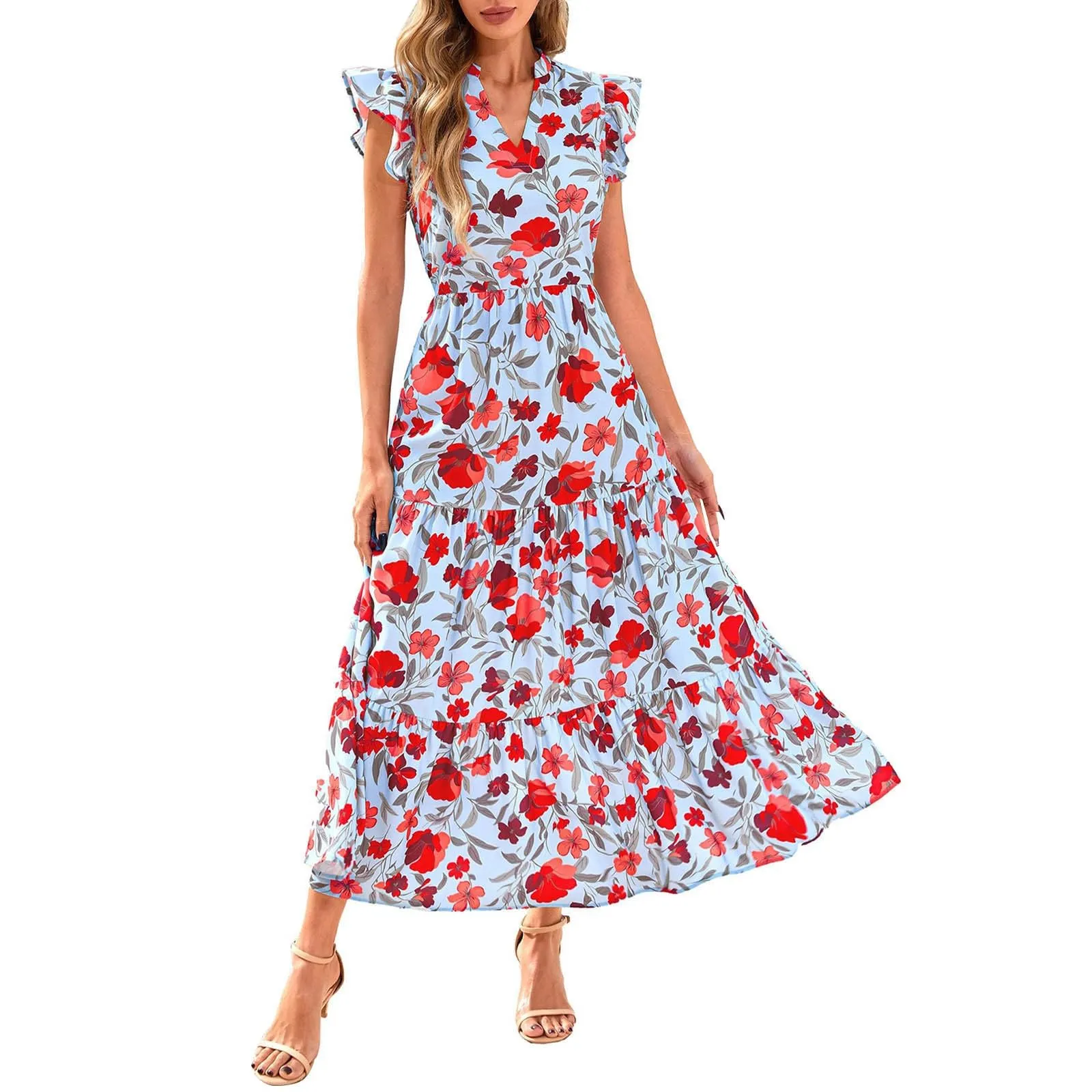 A linee, abito estivo da donna, lungo, con scollo a V, elegante, a vita alta, con maniche a mosca, abito da donna, stile boho, per il tempo libero, leggero, Celeste., XXL - immagine 1
