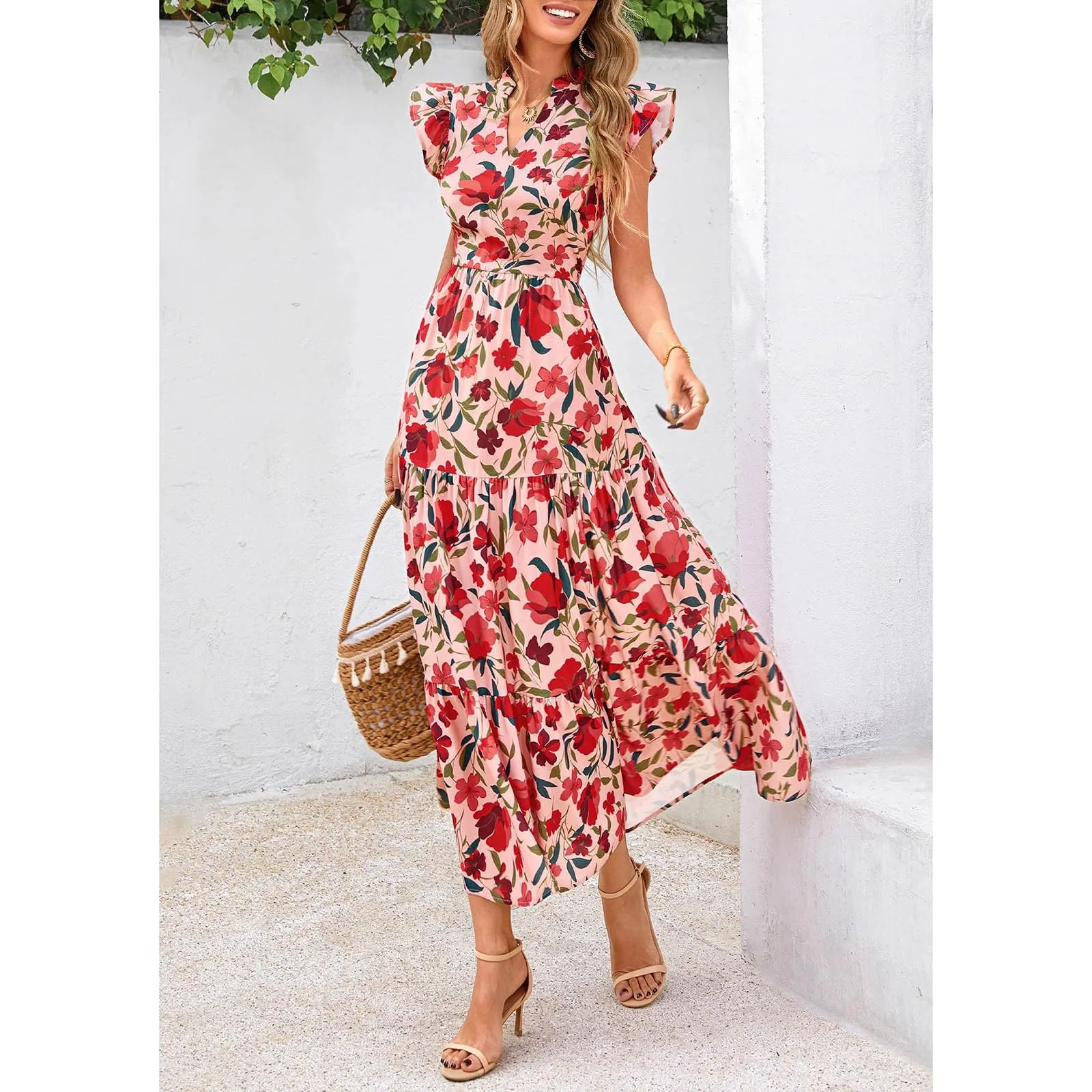 A linee, abito estivo da donna, lungo, con scollo a V, elegante, a vita alta, con maniche a mosca, abito da donna, stile boho, per il tempo libero, leggero, Colore: rosso, XXL - immagine 2