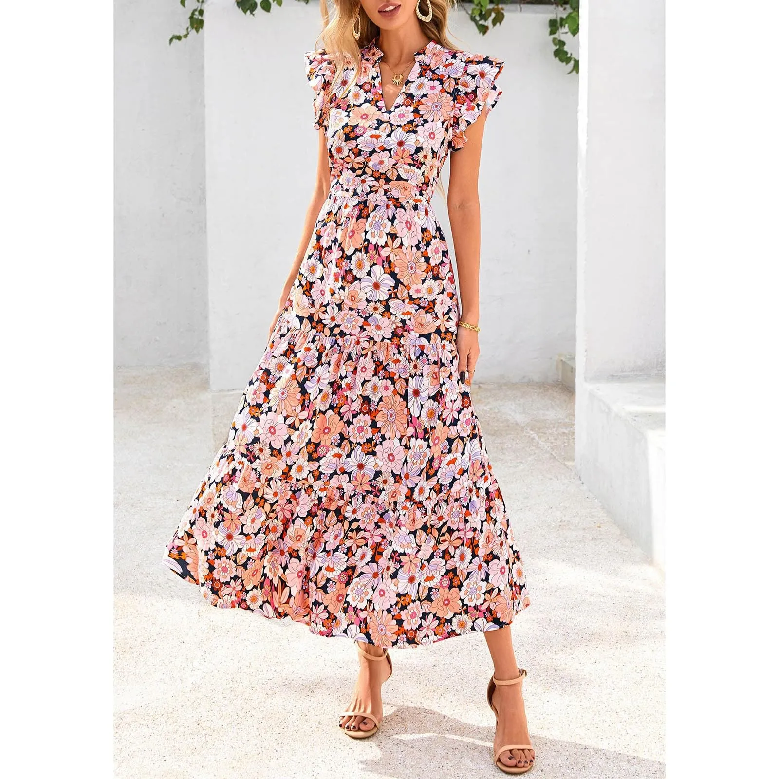 A linee, abito estivo da donna, lungo, con scollo a V, elegante, a vita alta, con maniche a mosca, abito da donna, stile boho, per il tempo libero, leggero, Nero , XXL - immagine 5
