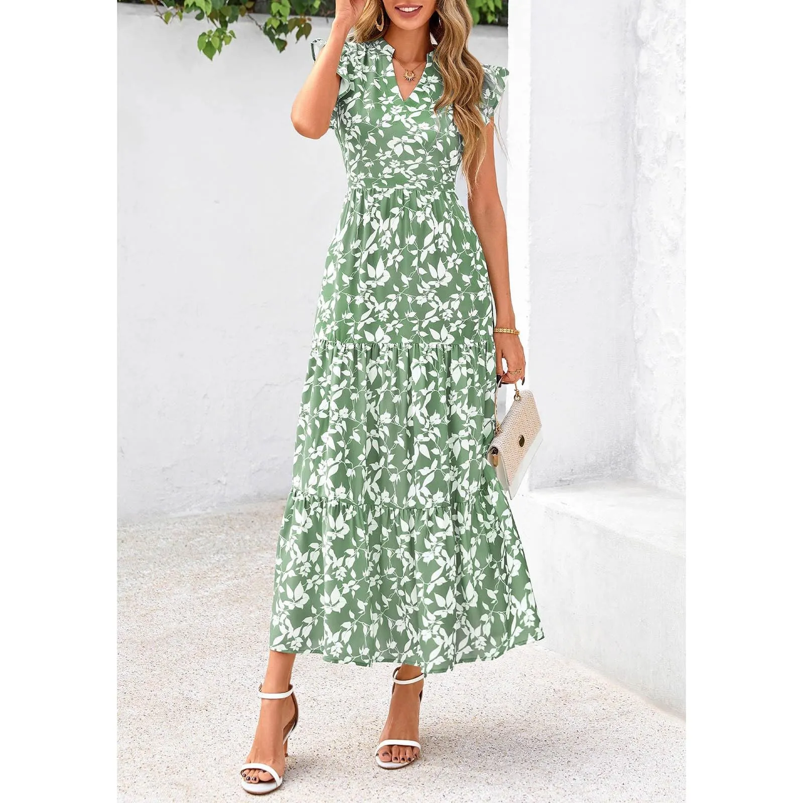 A linee, abito estivo da donna, lungo, con scollo a V, elegante, a vita alta, con maniche a mosca, abito da donna, stile boho, per il tempo libero, leggero, verde, S - immagine 2