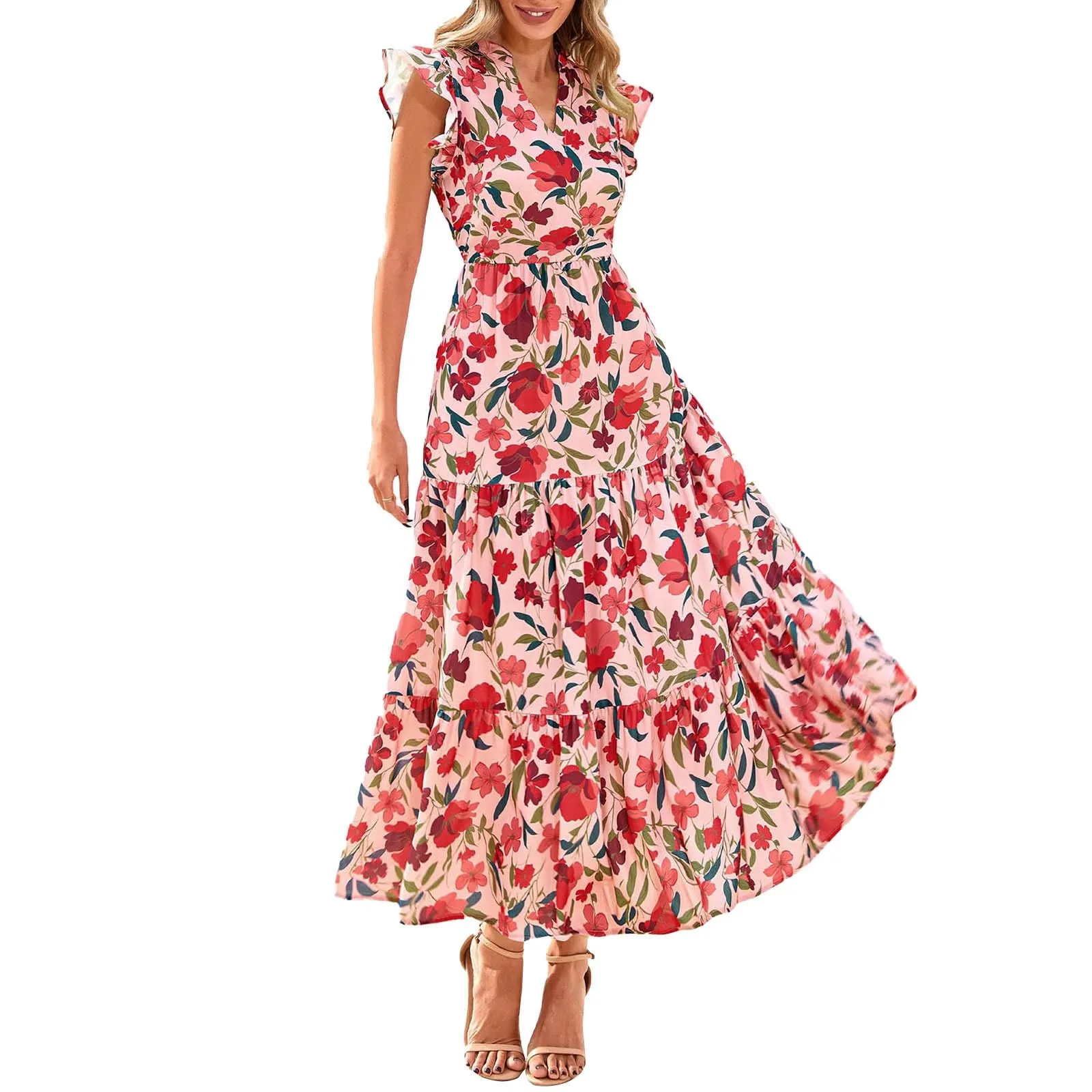A linee, abito estivo da donna, lungo, con scollo a V, elegante, a vita alta, con maniche a mosca, abito da donna, stile boho, per il tempo libero, leggero, Colore: rosso, XL - immagine 1