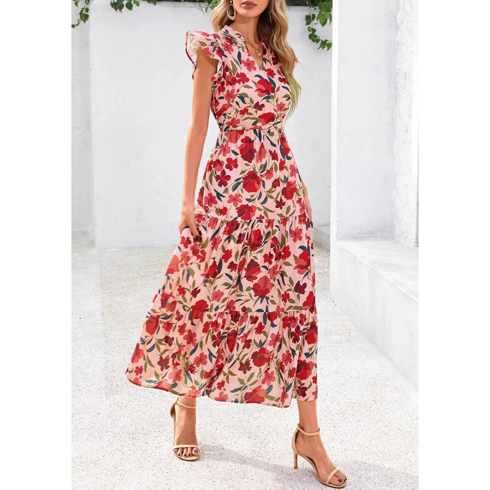 A linee, abito estivo da donna, lungo, con scollo a V, elegante, a vita alta, con maniche a mosca, abito da donna, stile boho, per il tempo libero, leggero, Colore: rosso, XL - immagine 7
