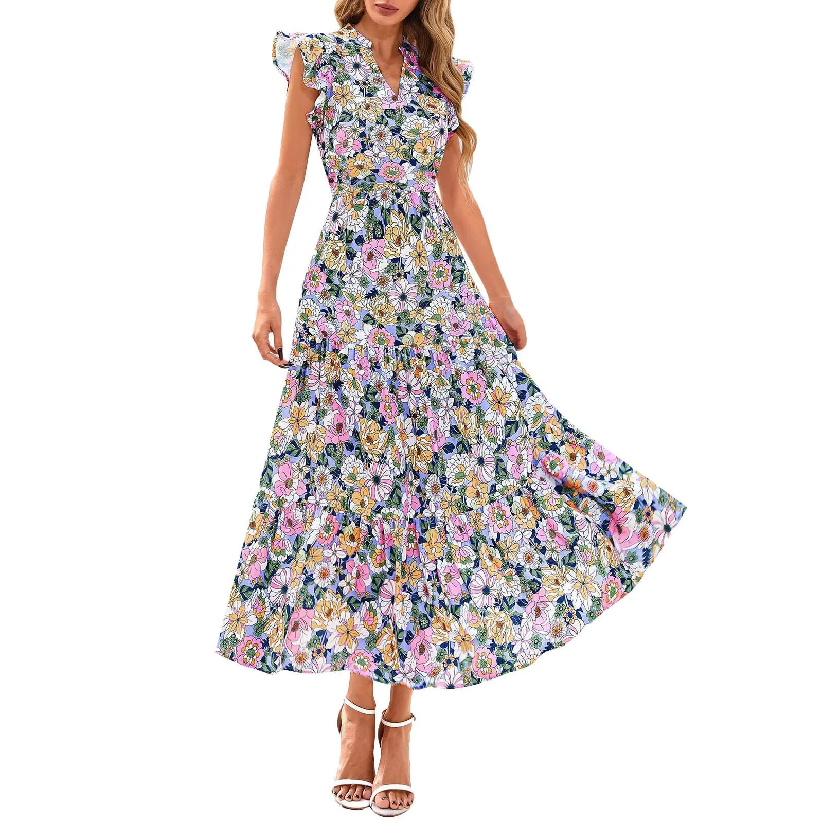 A linee, abito estivo da donna, lungo, con scollo a V, elegante, a vita alta, con maniche a mosca, abito da donna, stile boho, per il tempo libero, leggero, Colore: rosa., L - immagine 1