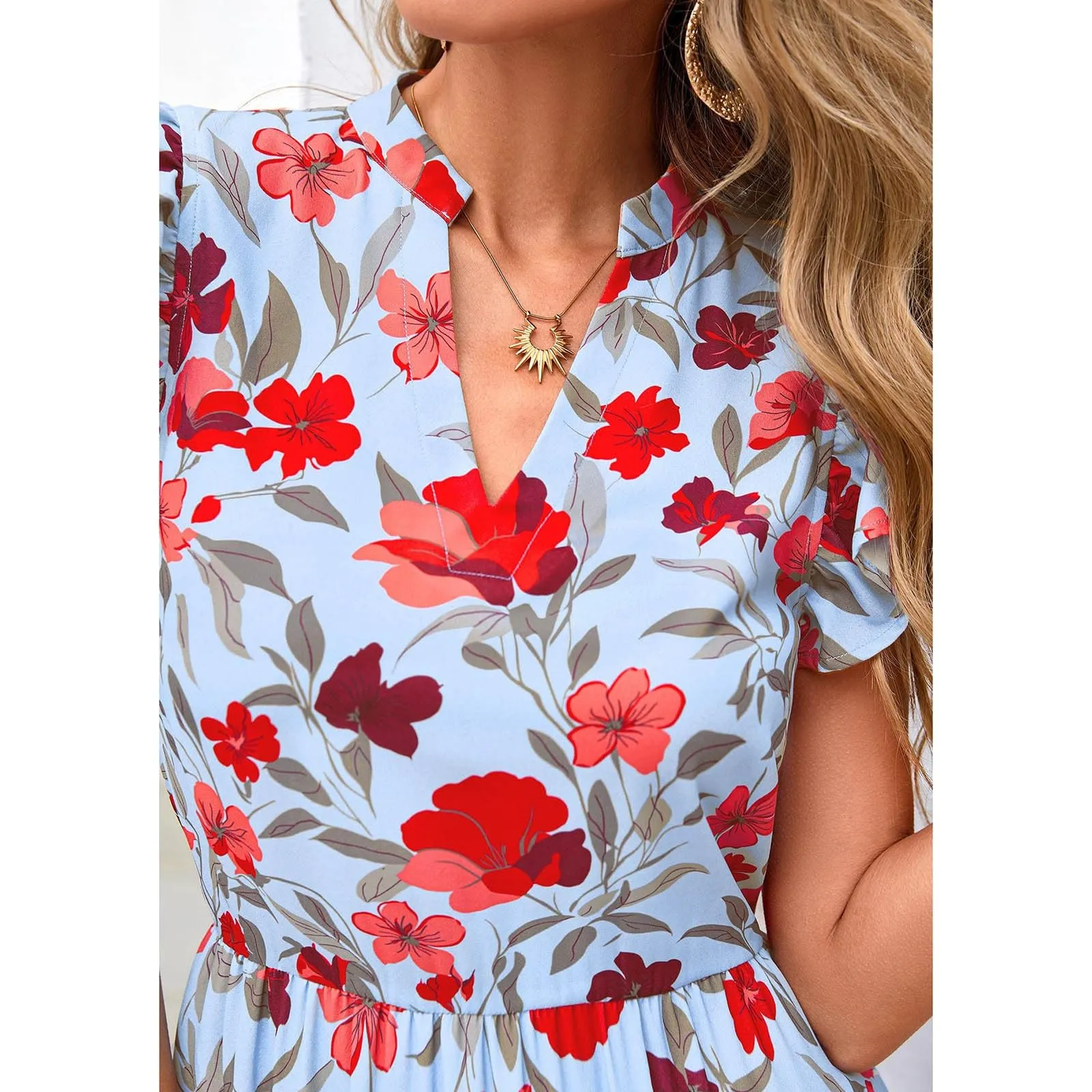 A linee, abito estivo da donna, lungo, con scollo a V, elegante, a vita alta, con maniche a mosca, abito da donna, stile boho, per il tempo libero, leggero, Celeste., L - immagine 6