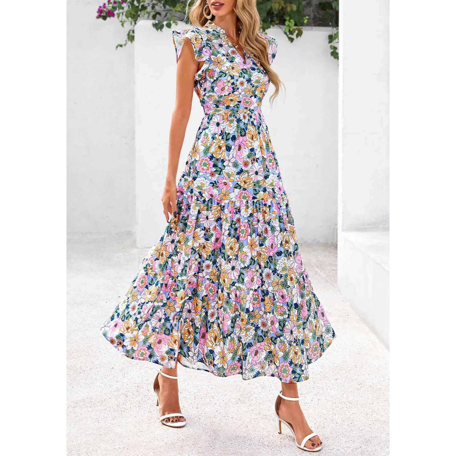 A linee, abito estivo da donna, lungo, con scollo a V, elegante, a vita alta, con maniche a mosca, abito da donna, stile boho, per il tempo libero, leggero, Colore: rosa., M - immagine 7
