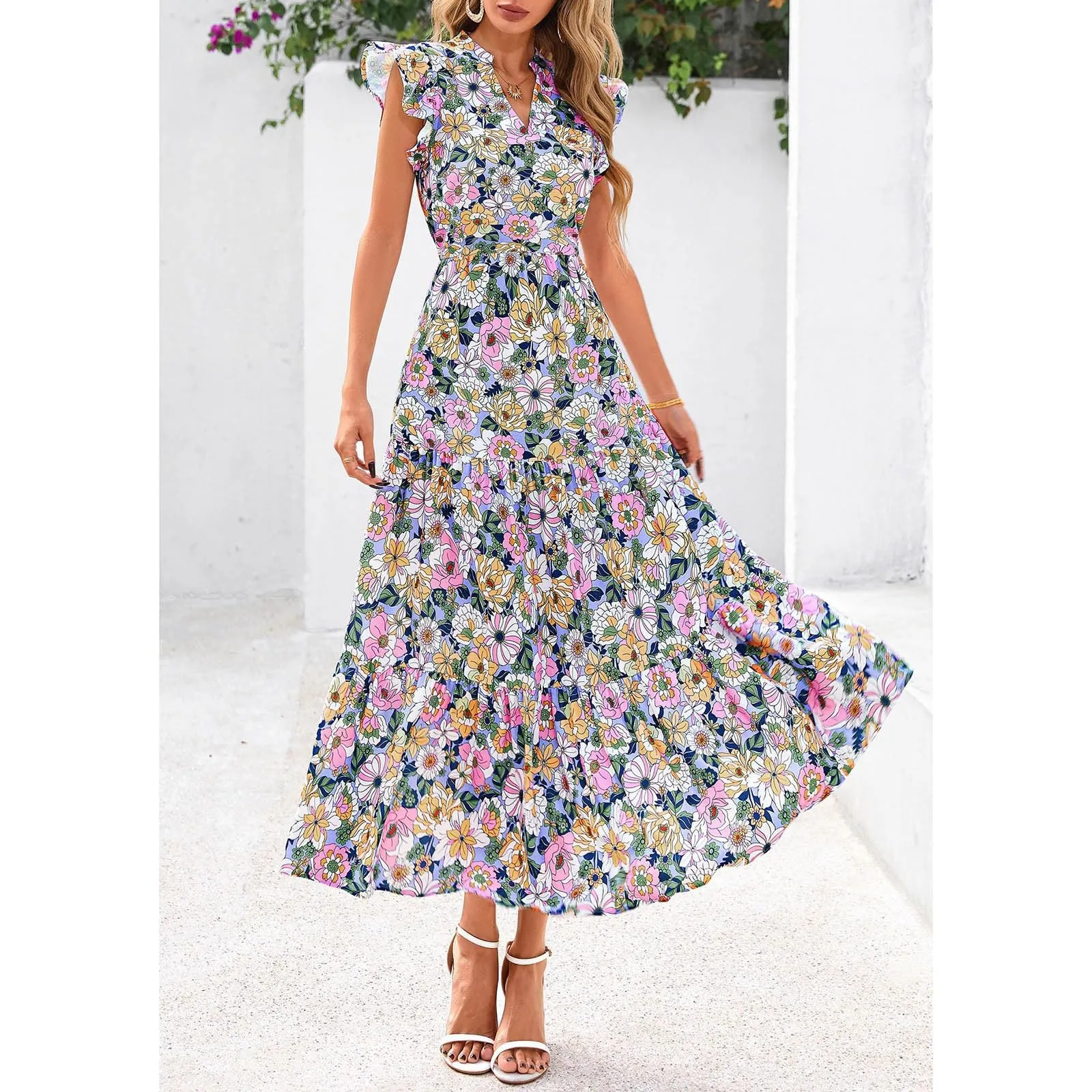 A linee, abito estivo da donna, lungo, con scollo a V, elegante, a vita alta, con maniche a mosca, abito da donna, stile boho, per il tempo libero, leggero, Colore: rosa., XXL - immagine 6