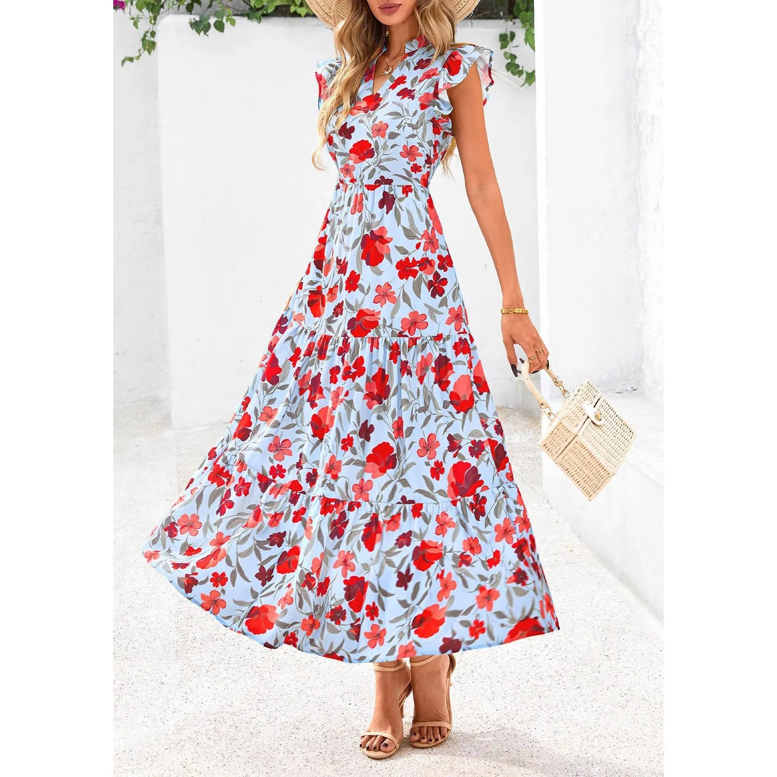 A linee, abito estivo da donna, lungo, con scollo a V, elegante, a vita alta, con maniche a mosca, abito da donna, stile boho, per il tempo libero, leggero, Celeste., S - immagine 2