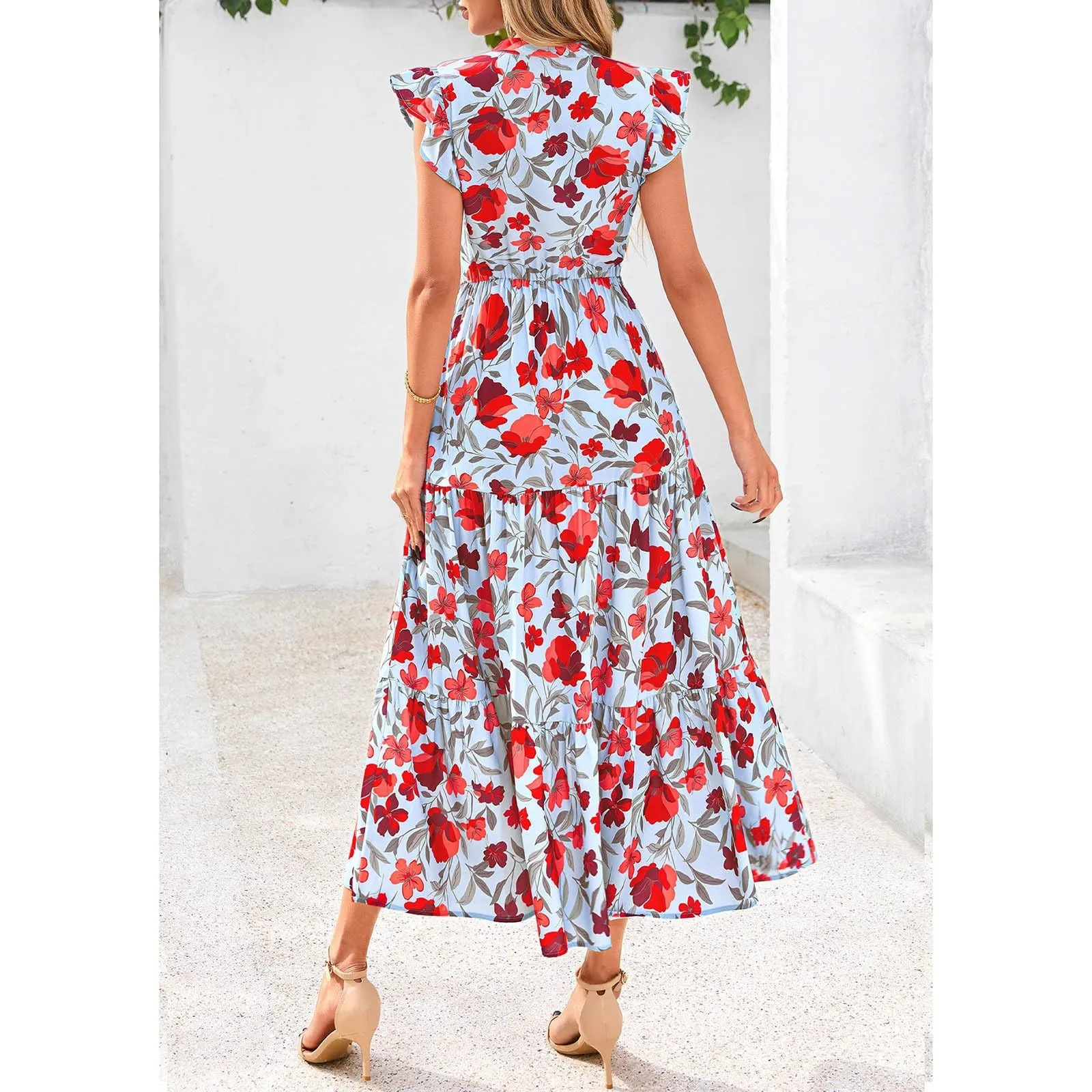 A linee, abito estivo da donna, lungo, con scollo a V, elegante, a vita alta, con maniche a mosca, abito da donna, stile boho, per il tempo libero, leggero, Celeste., S - immagine 3