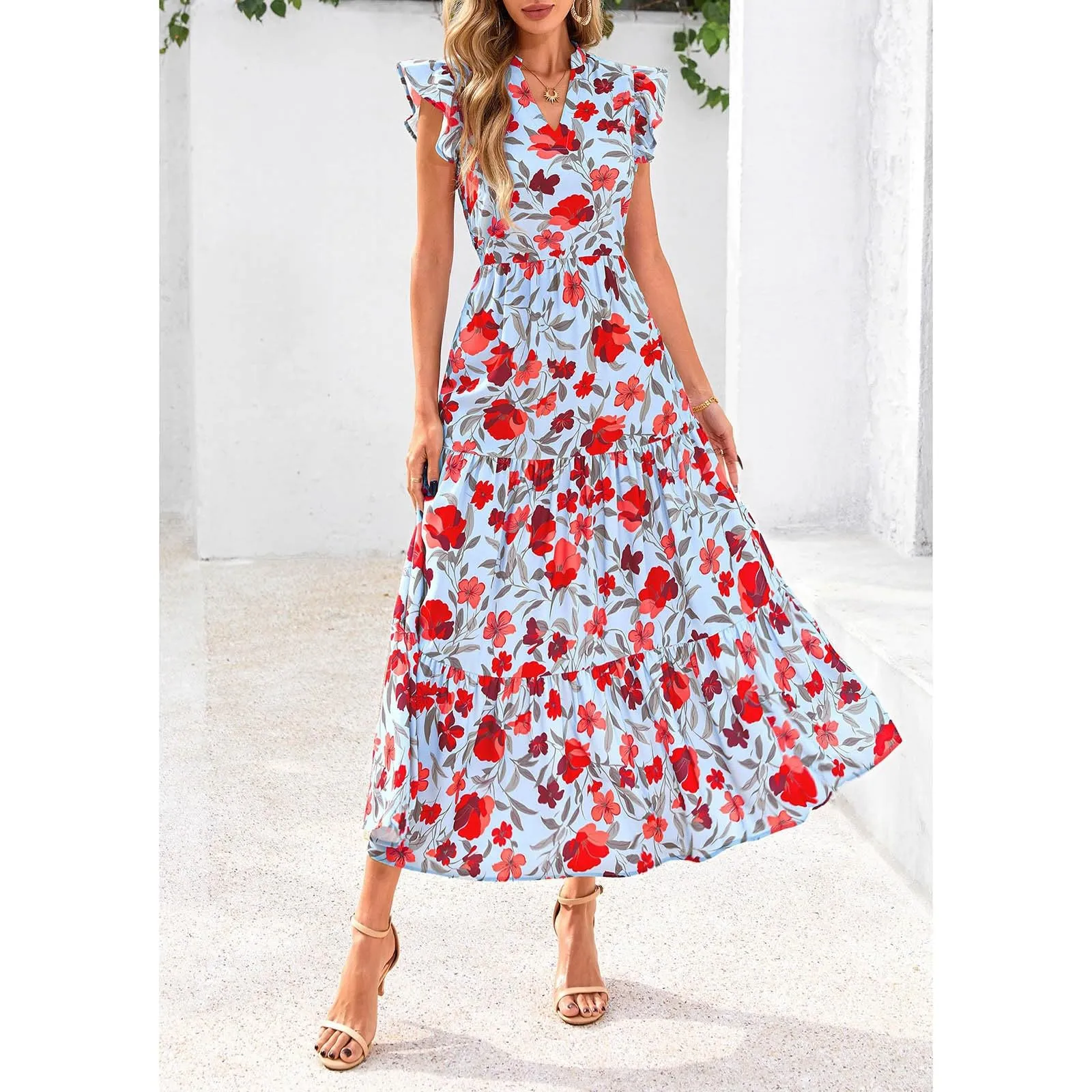 A linee, abito estivo da donna, lungo, con scollo a V, elegante, a vita alta, con maniche a mosca, abito da donna, stile boho, per il tempo libero, leggero, Celeste., S - immagine 5