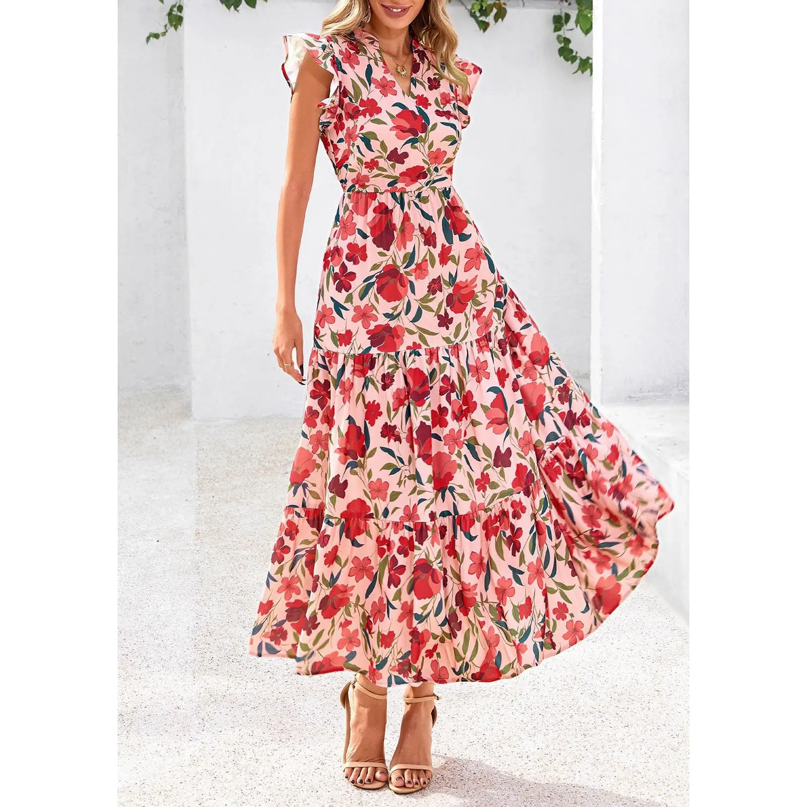 A linee, abito estivo da donna, lungo, con scollo a V, elegante, a vita alta, con maniche a mosca, abito da donna, stile boho, per il tempo libero, leggero, Colore: rosso, M - immagine 6