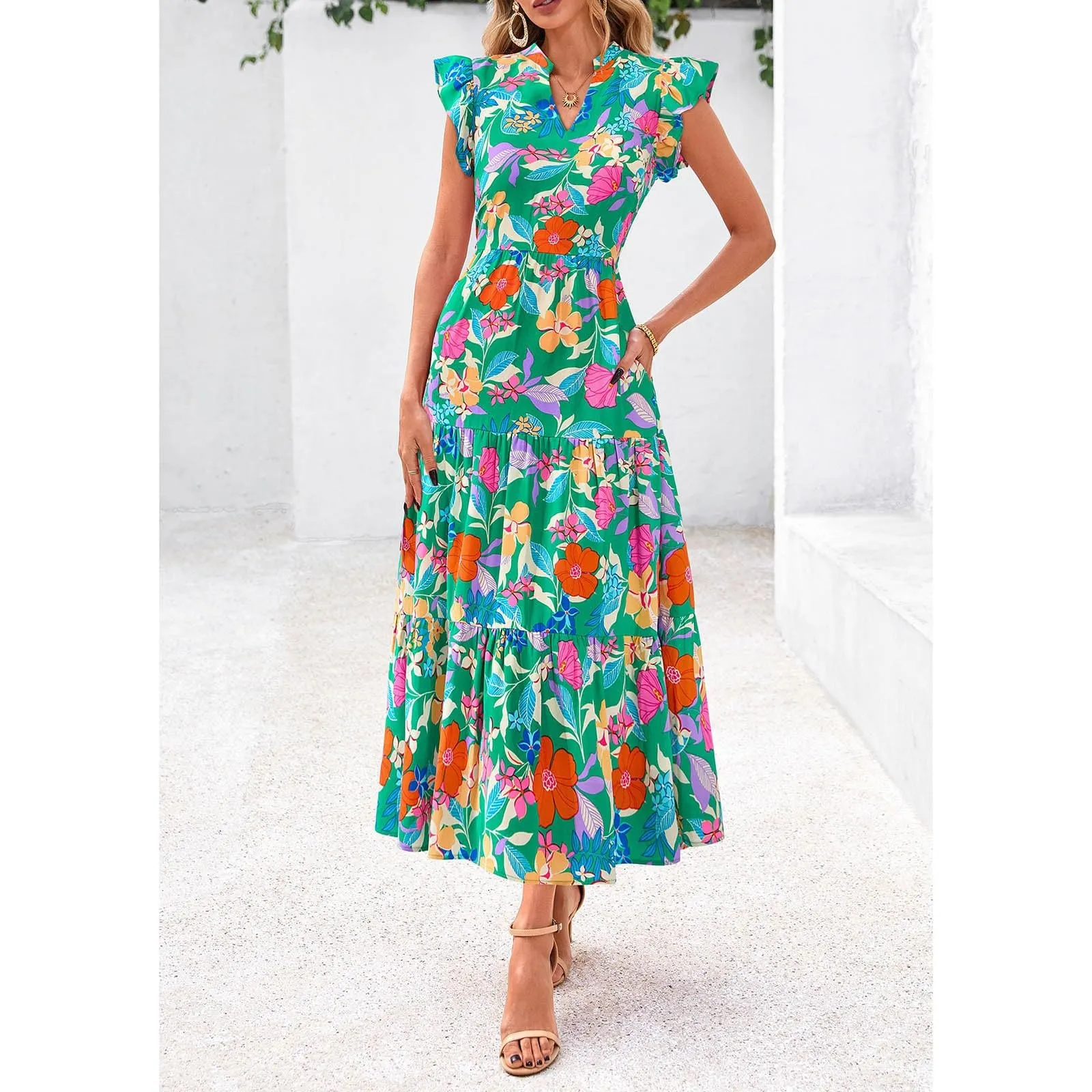 A linee, abito estivo da donna, lungo, con scollo a V, elegante, a vita alta, con maniche a mosca, abito da donna, stile boho, per il tempo libero, leggero, Verde menta, XXL - immagine 2