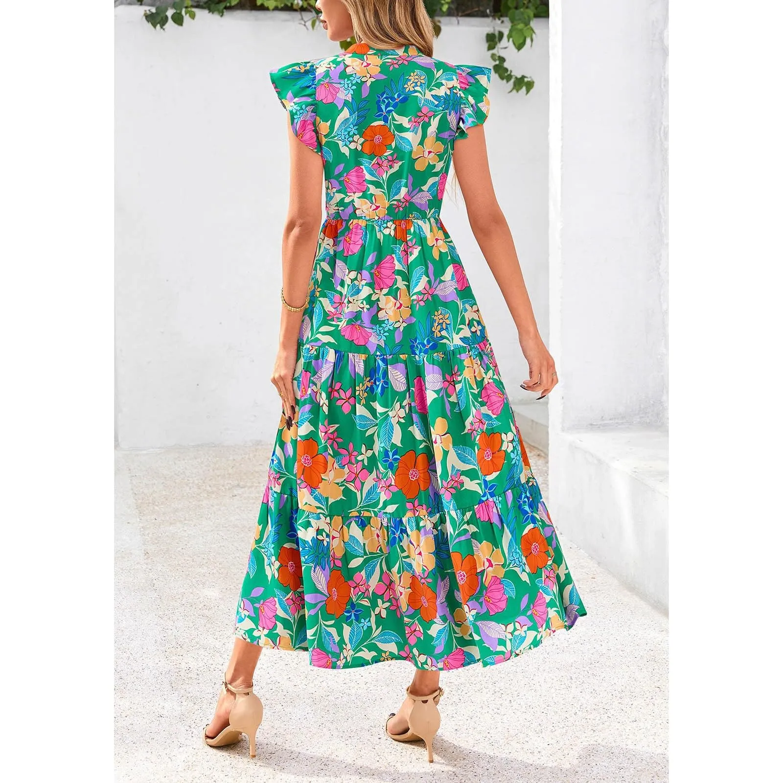 A linee, abito estivo da donna, lungo, con scollo a V, elegante, a vita alta, con maniche a mosca, abito da donna, stile boho, per il tempo libero, leggero, Verde menta, XXL - immagine 3