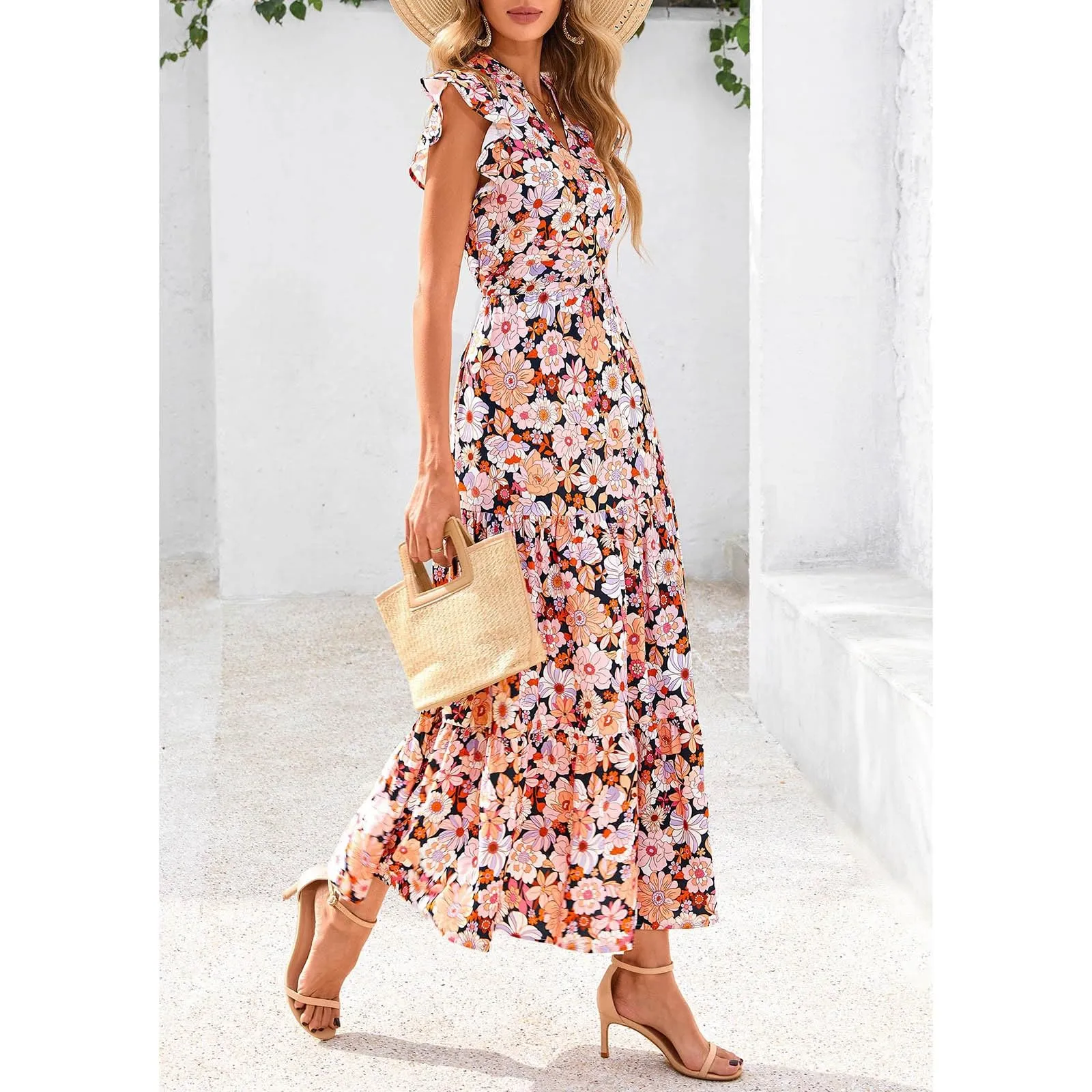 A linee, abito estivo da donna, lungo, con scollo a V, elegante, a vita alta, con maniche a mosca, abito da donna, stile boho, per il tempo libero, leggero, Nero , XL - immagine 2