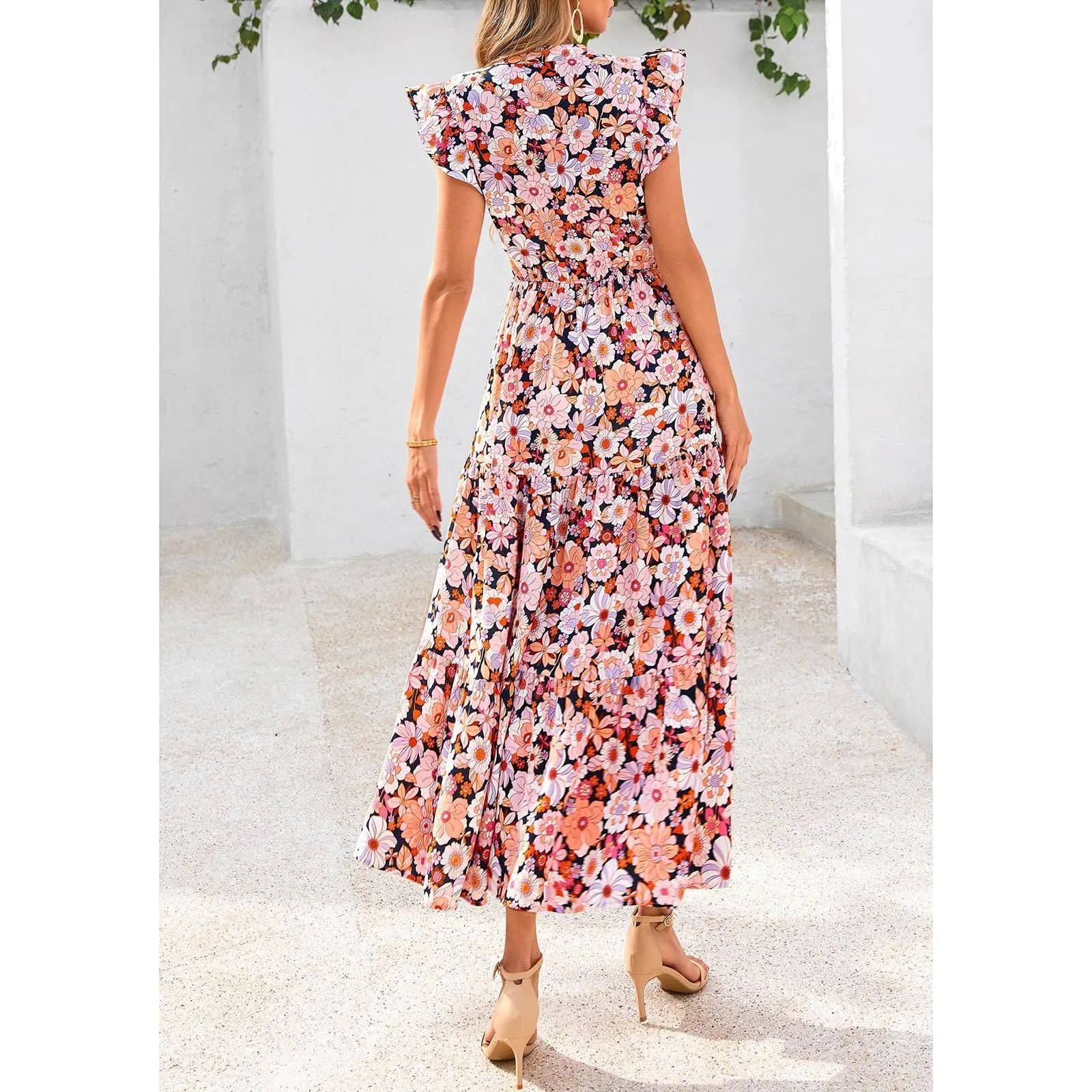 A linee, abito estivo da donna, lungo, con scollo a V, elegante, a vita alta, con maniche a mosca, abito da donna, stile boho, per il tempo libero, leggero, Nero , XL - immagine 3