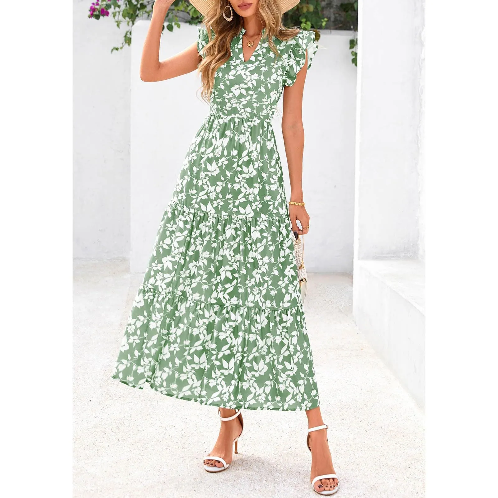 A linee, abito estivo da donna, lungo, con scollo a V, elegante, a vita alta, con maniche a mosca, abito da donna, stile boho, per il tempo libero, leggero, verde, XXL - immagine 5