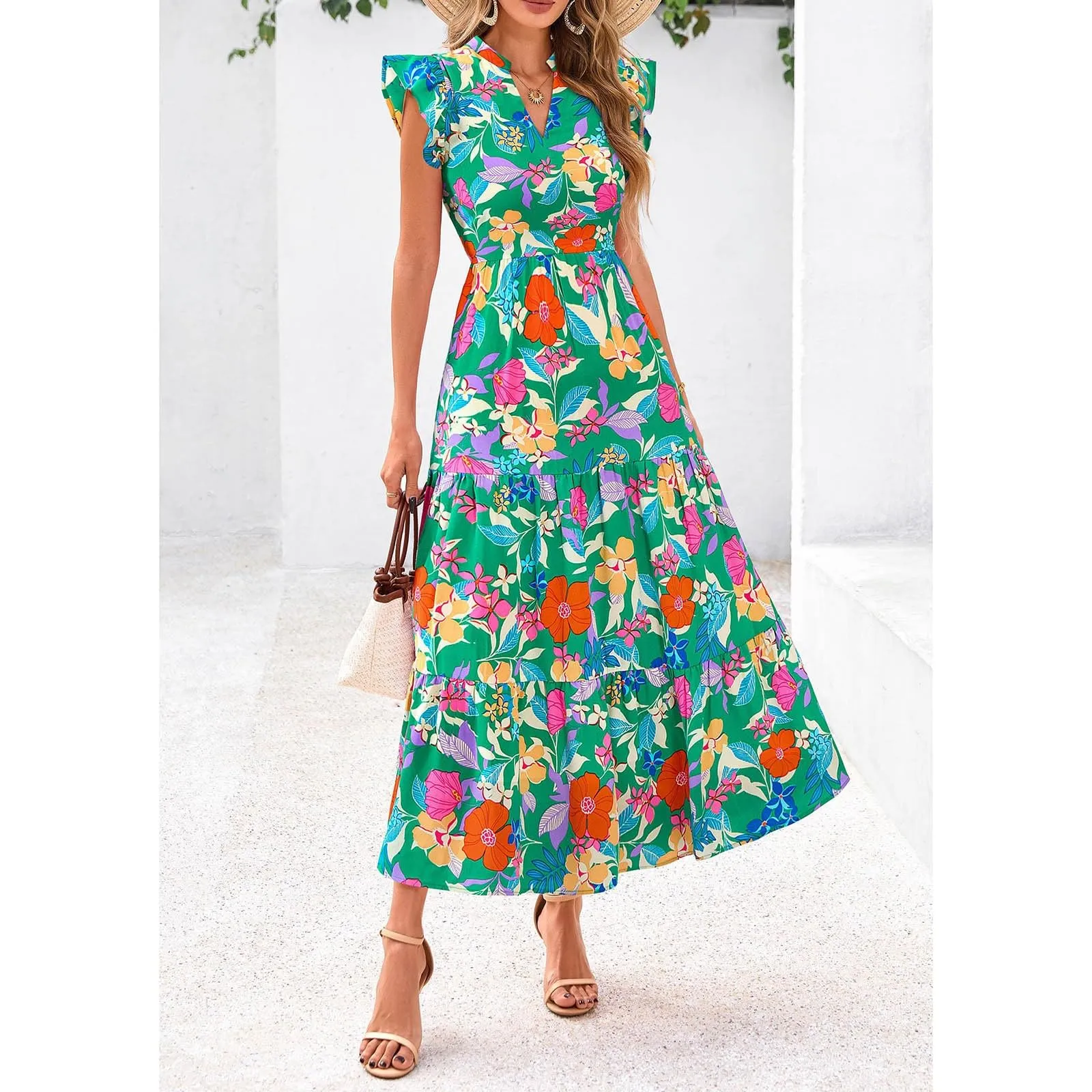A linee, abito estivo da donna, lungo, con scollo a V, elegante, a vita alta, con maniche a mosca, abito da donna, stile boho, per il tempo libero, leggero, Verde menta, XL - immagine 6