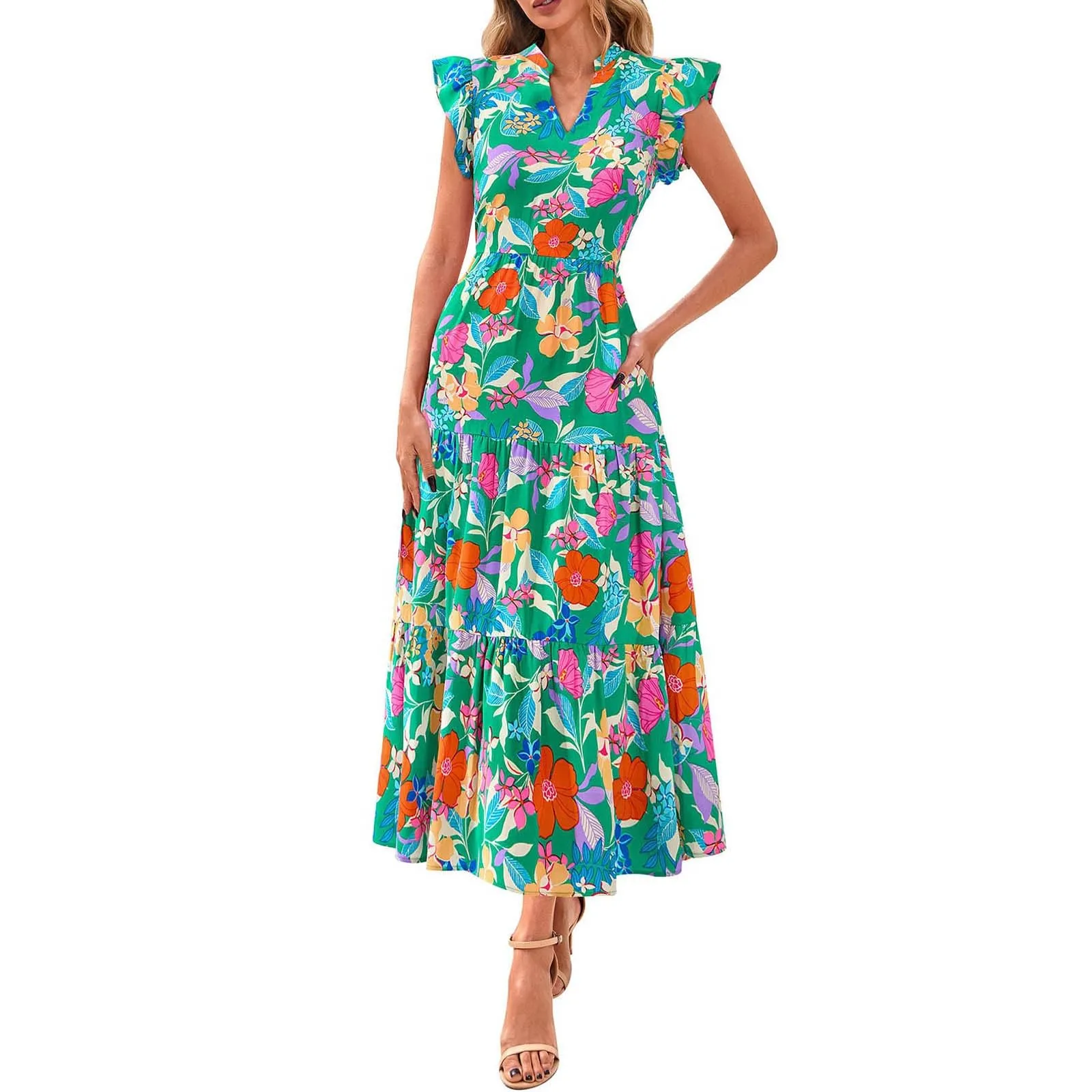 A linee, abito estivo da donna, lungo, con scollo a V, elegante, a vita alta, con maniche a mosca, abito da donna, stile boho, per il tempo libero, leggero, Verde menta, S - immagine 1