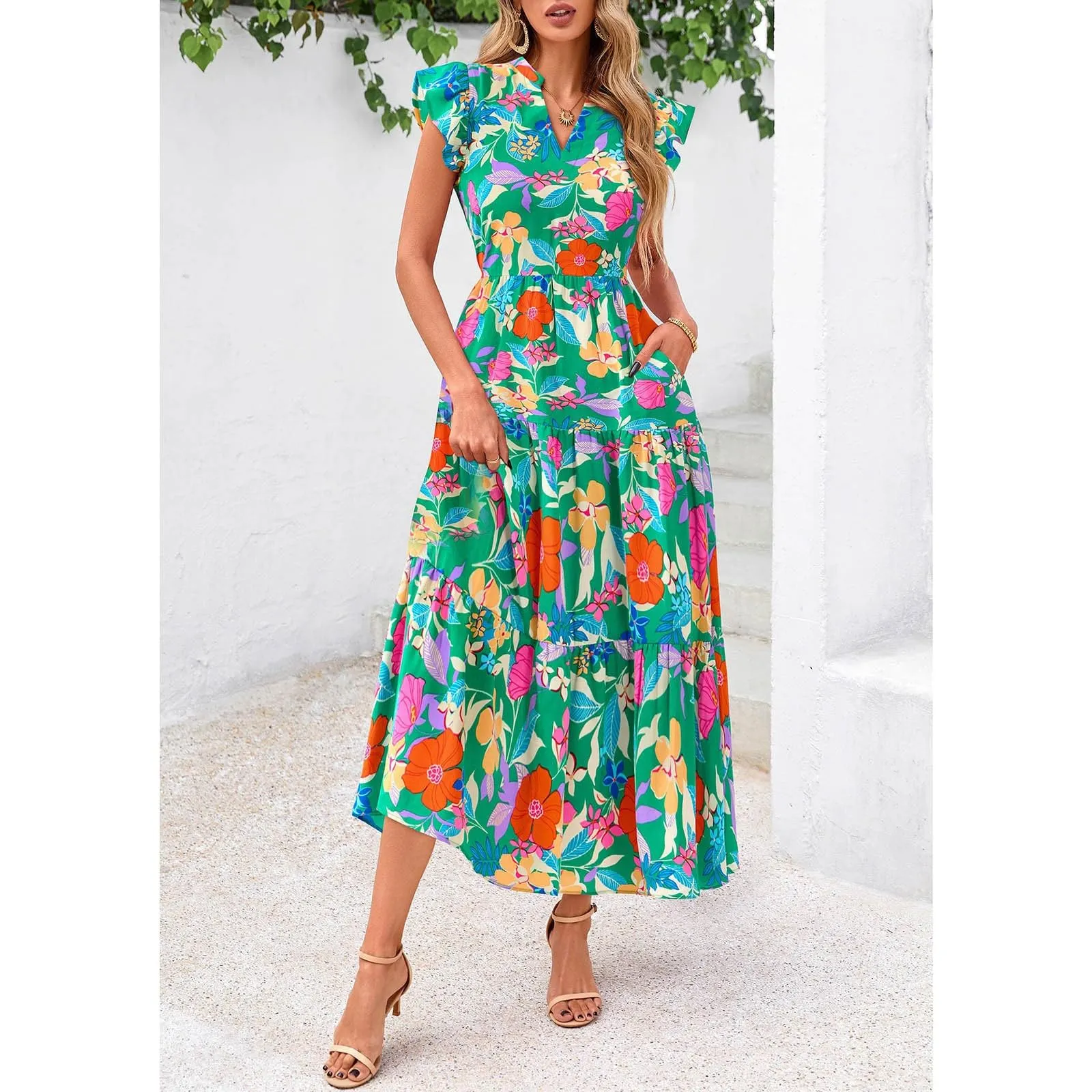 A linee, abito estivo da donna, lungo, con scollo a V, elegante, a vita alta, con maniche a mosca, abito da donna, stile boho, per il tempo libero, leggero, Verde menta, S - immagine 5