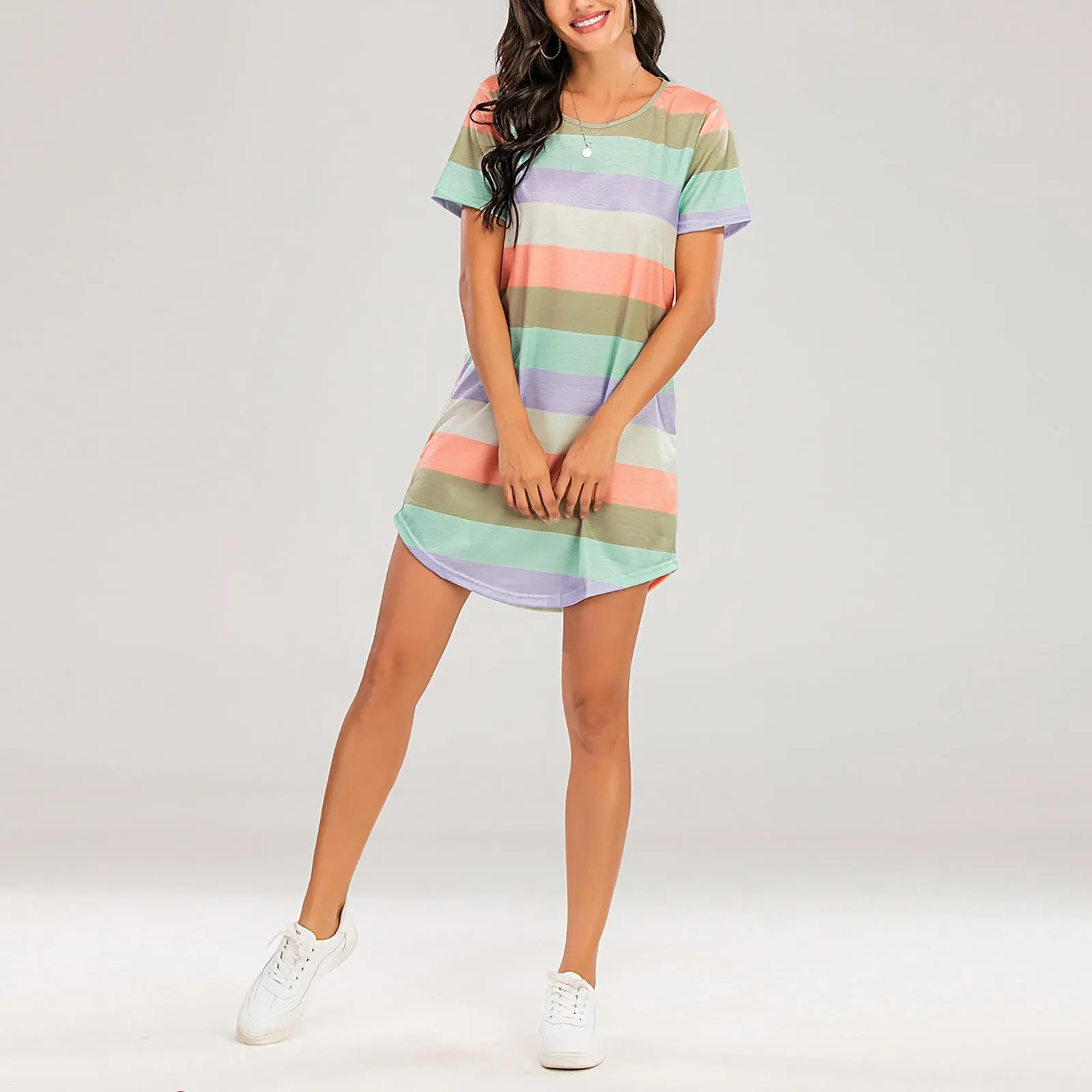 Camicia da notte da donna a maniche corte, estiva, corta, da notte, a strisce, morbida, comoda, per il tempo libero, oversize, girocollo, per la casa, Verde2, 3XL - immagine 3