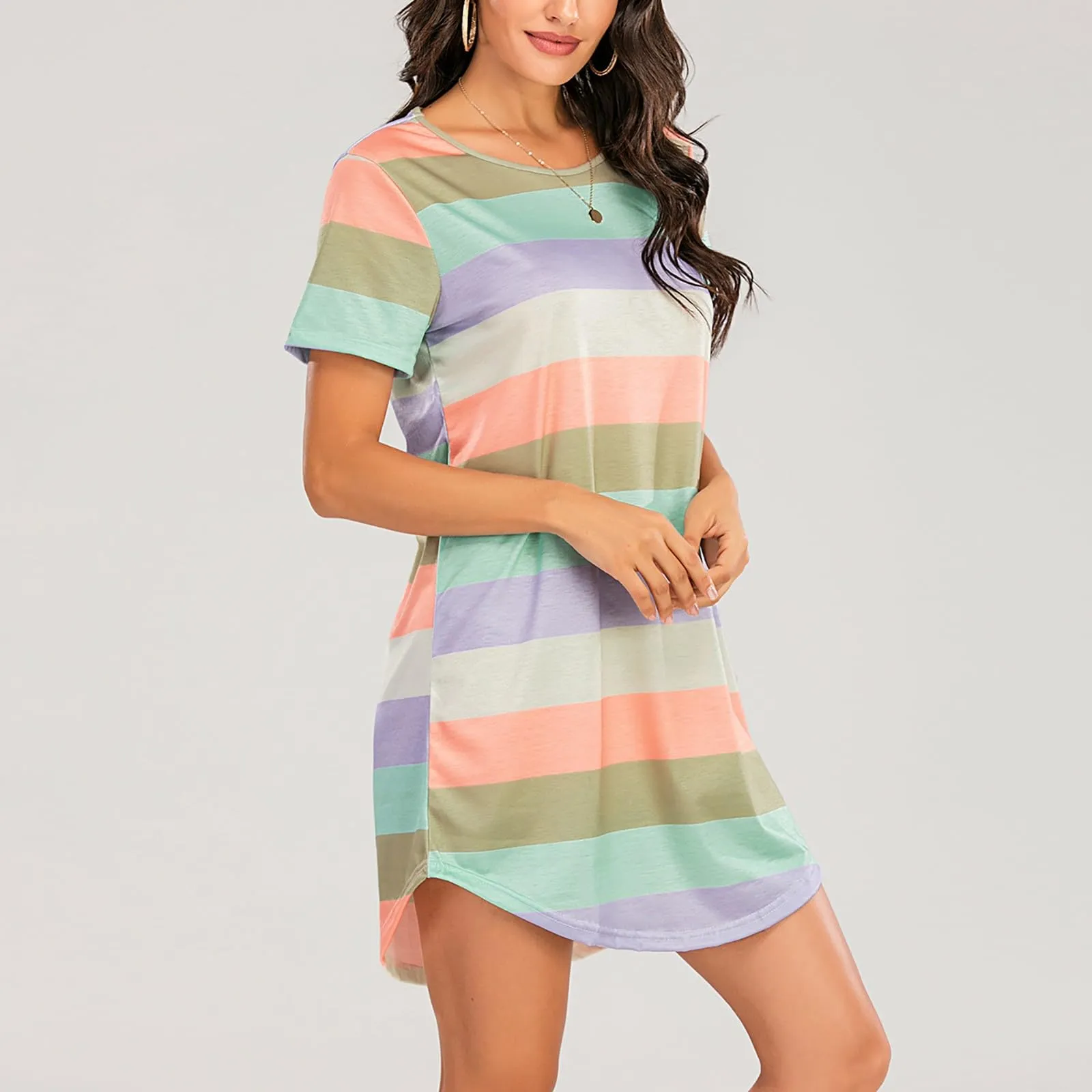 Camicia da notte da donna a maniche corte, estiva, corta, da notte, a strisce, morbida, comoda, per il tempo libero, oversize, girocollo, per la casa, Verde2, S - immagine 2