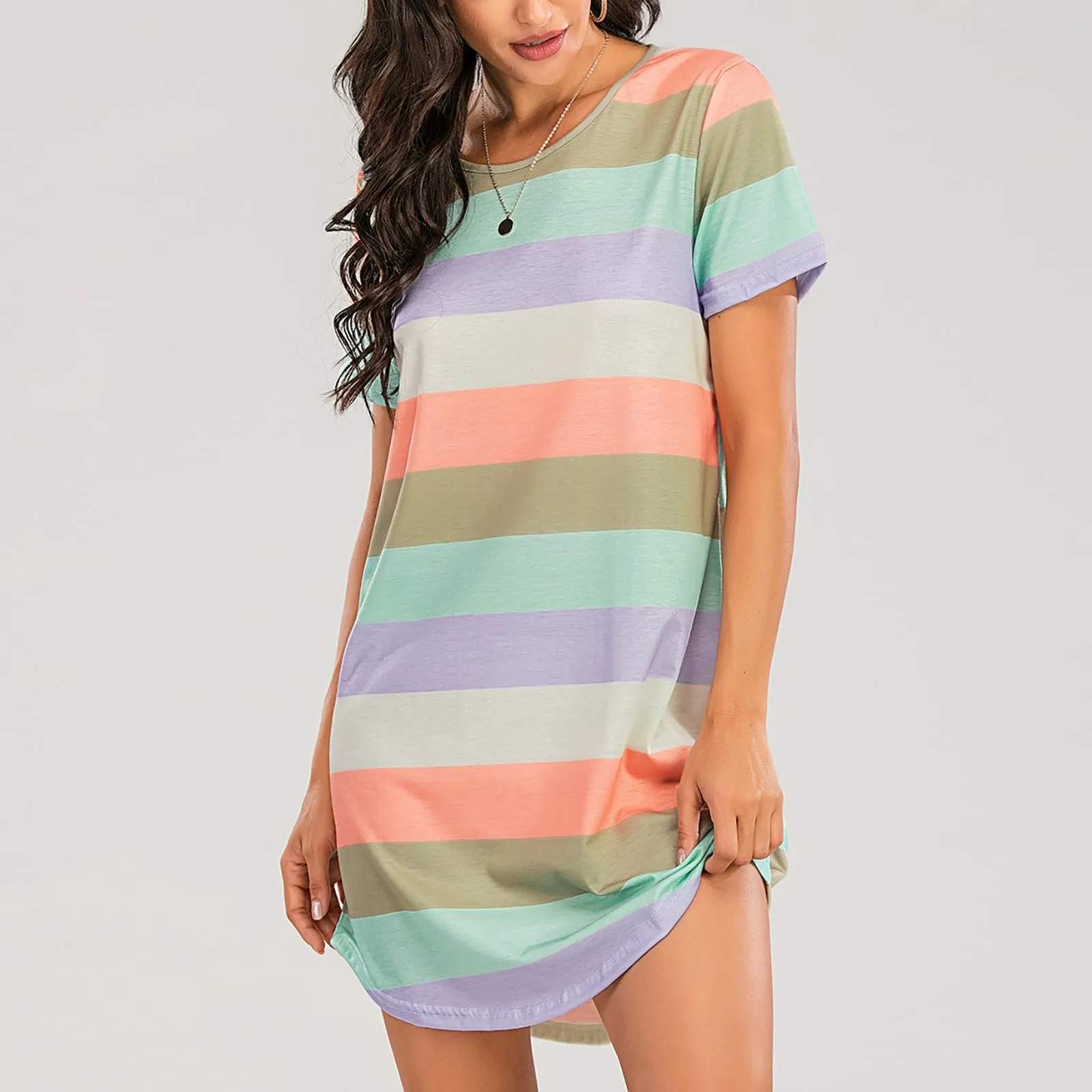 Camicia da notte da donna a maniche corte, estiva, corta, da notte, a strisce, morbida, comoda, per il tempo libero, oversize, girocollo, per la casa, Verde2, S - immagine 6