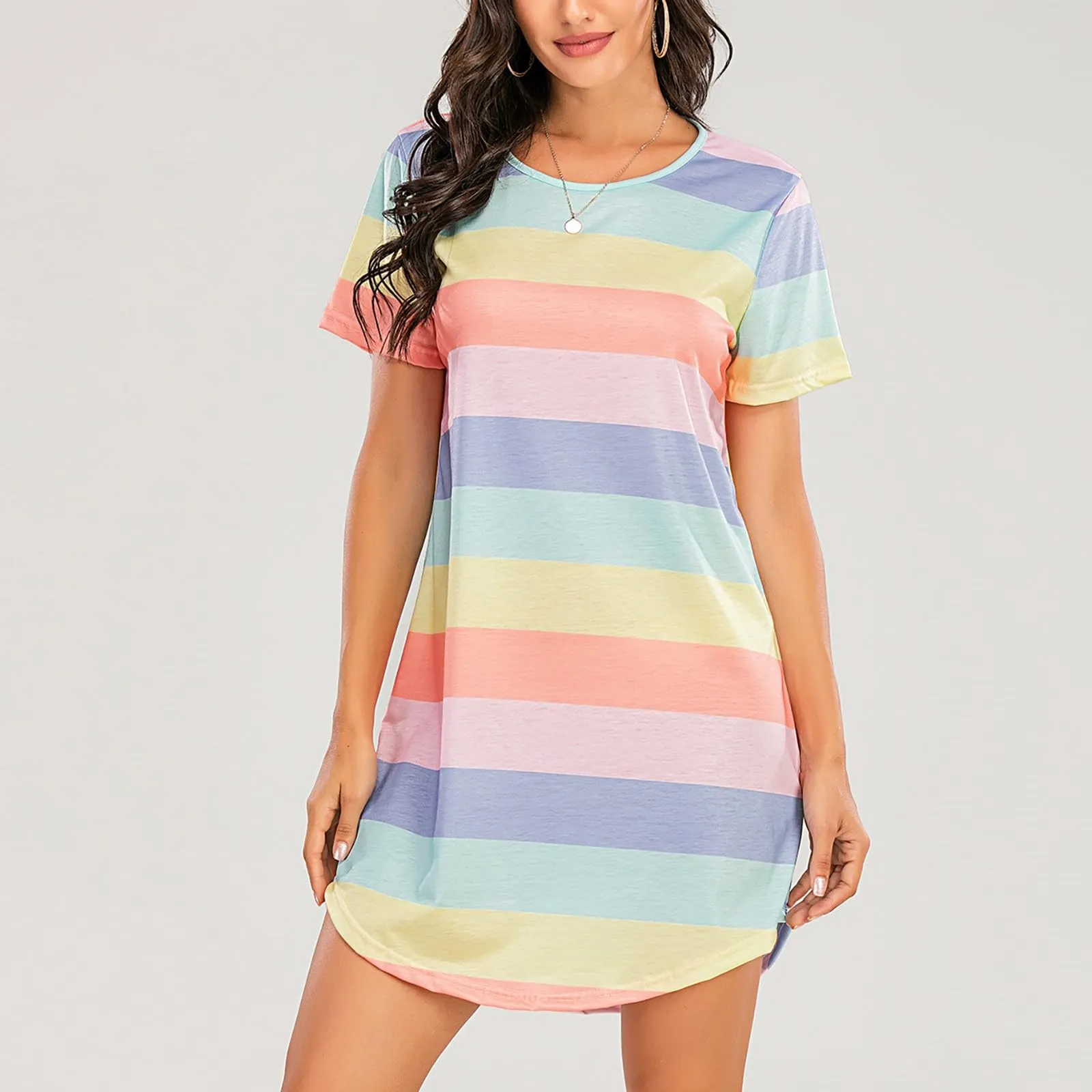Camicia da notte da donna a maniche corte, estiva, corta, da notte, a strisce, morbida, comoda, per il tempo libero, oversize, girocollo, per la casa, Verde menta2, M - immagine 4