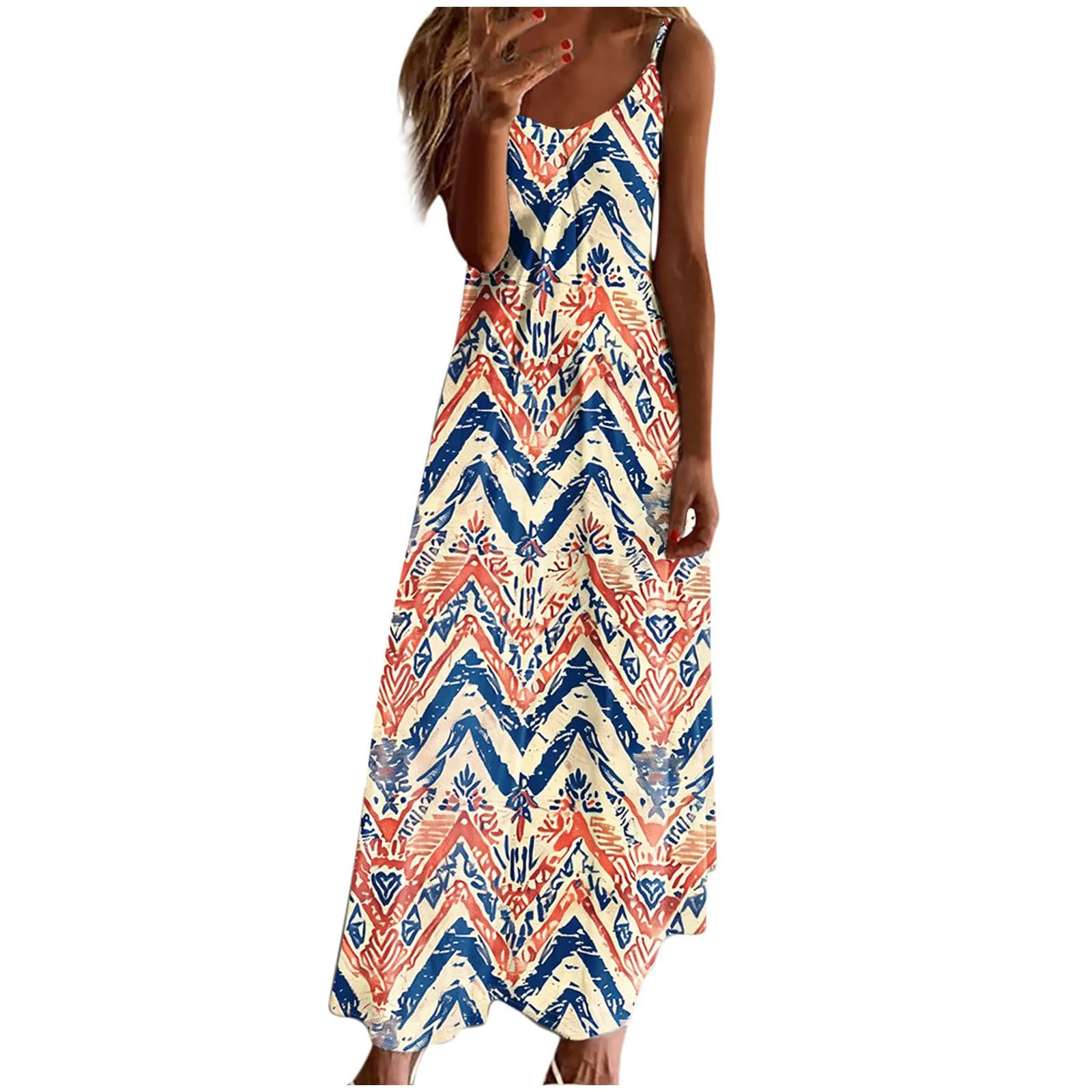 Abito estivo da donna, lungo, alla moda, con stampa floreale, linea ad A, senza maniche, lunghezza alla caviglia, leggero e confortevole, per le vacanze, per il tempo libero, da skater, multicolore, L - immagine 1
