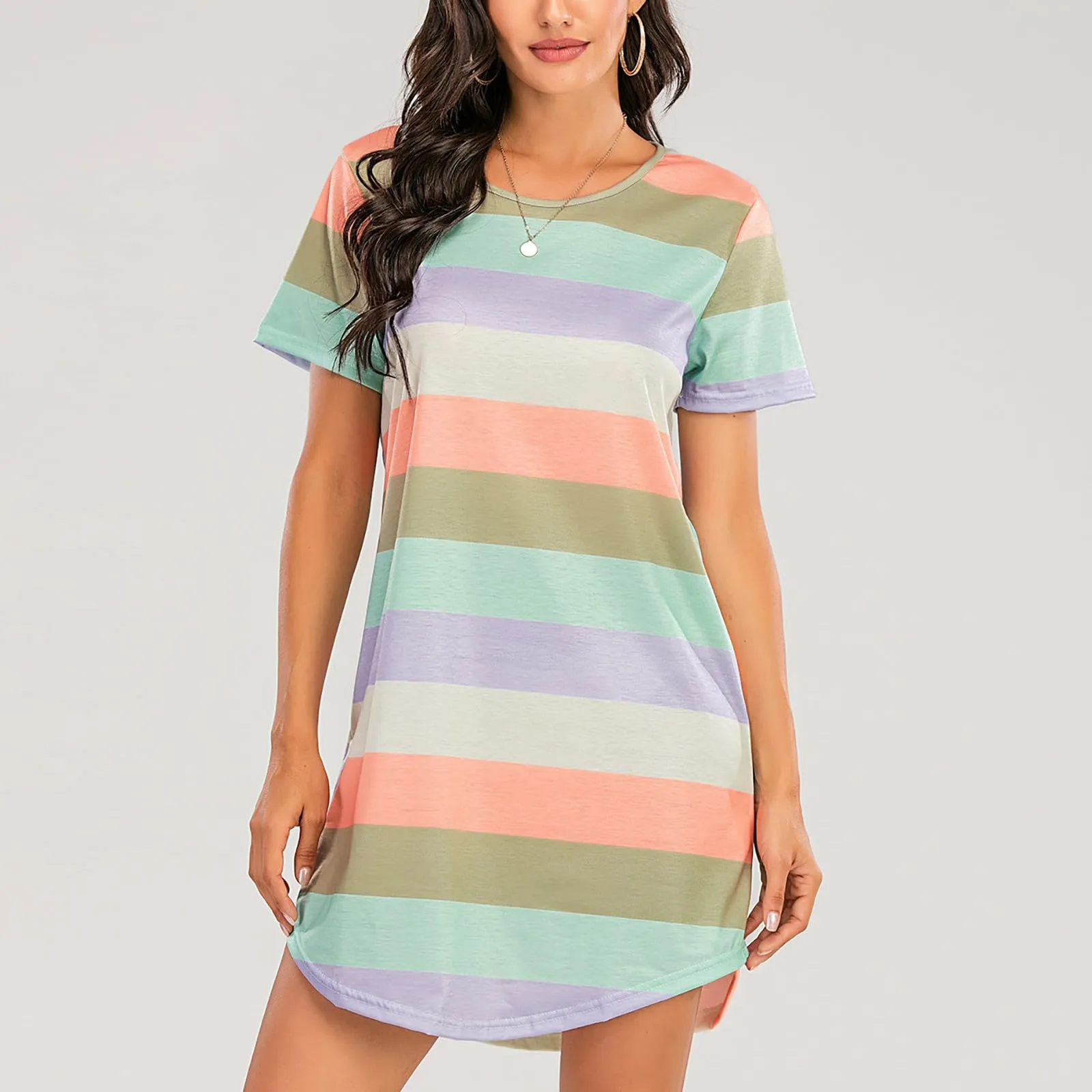 Camicia da notte da donna a maniche corte, estiva, corta, da notte, a strisce, morbida, comoda, per il tempo libero, oversize, girocollo, per la casa, Verde2, 5XL - immagine 5