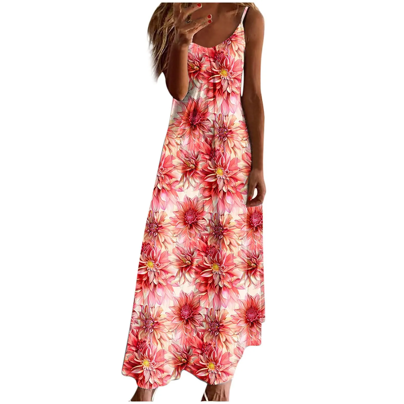 Abito estivo da donna, lungo, alla moda, con stampa floreale, linea ad A, senza maniche, lunghezza alla caviglia, leggero e confortevole, per le vacanze, per il tempo libero, da skater, P-ink, S - immagine 1