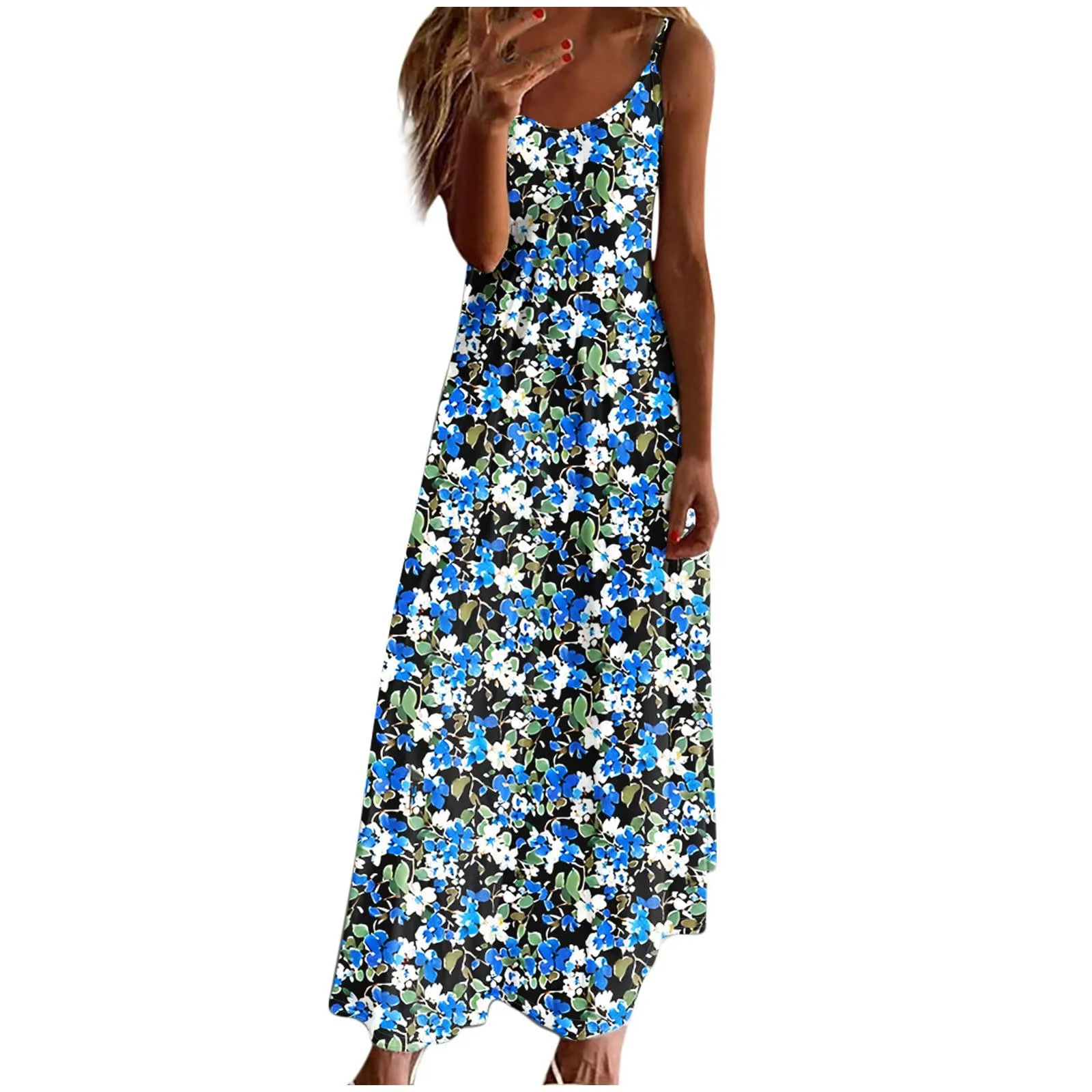 Abito estivo da donna, lungo, alla moda, con stampa floreale, linea ad A, senza maniche, lunghezza alla caviglia, leggero e confortevole, per le vacanze, per il tempo libero, da skater, Blu, XL - immagine 1