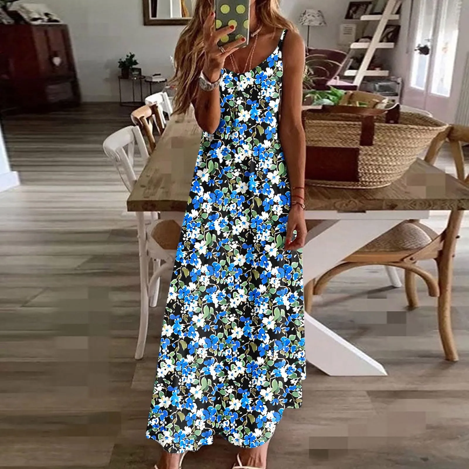 Abito estivo da donna, lungo, alla moda, con stampa floreale, linea ad A, senza maniche, lunghezza alla caviglia, leggero e confortevole, per le vacanze, per il tempo libero, da skater, Blu, XL - immagine 3