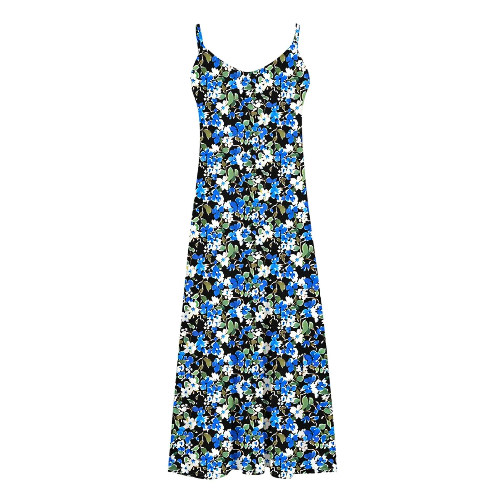 Abito estivo da donna, lungo, alla moda, con stampa floreale, linea ad A, senza maniche, lunghezza alla caviglia, leggero e confortevole, per le vacanze, per il tempo libero, da skater, Blu, XL - immagine 5
