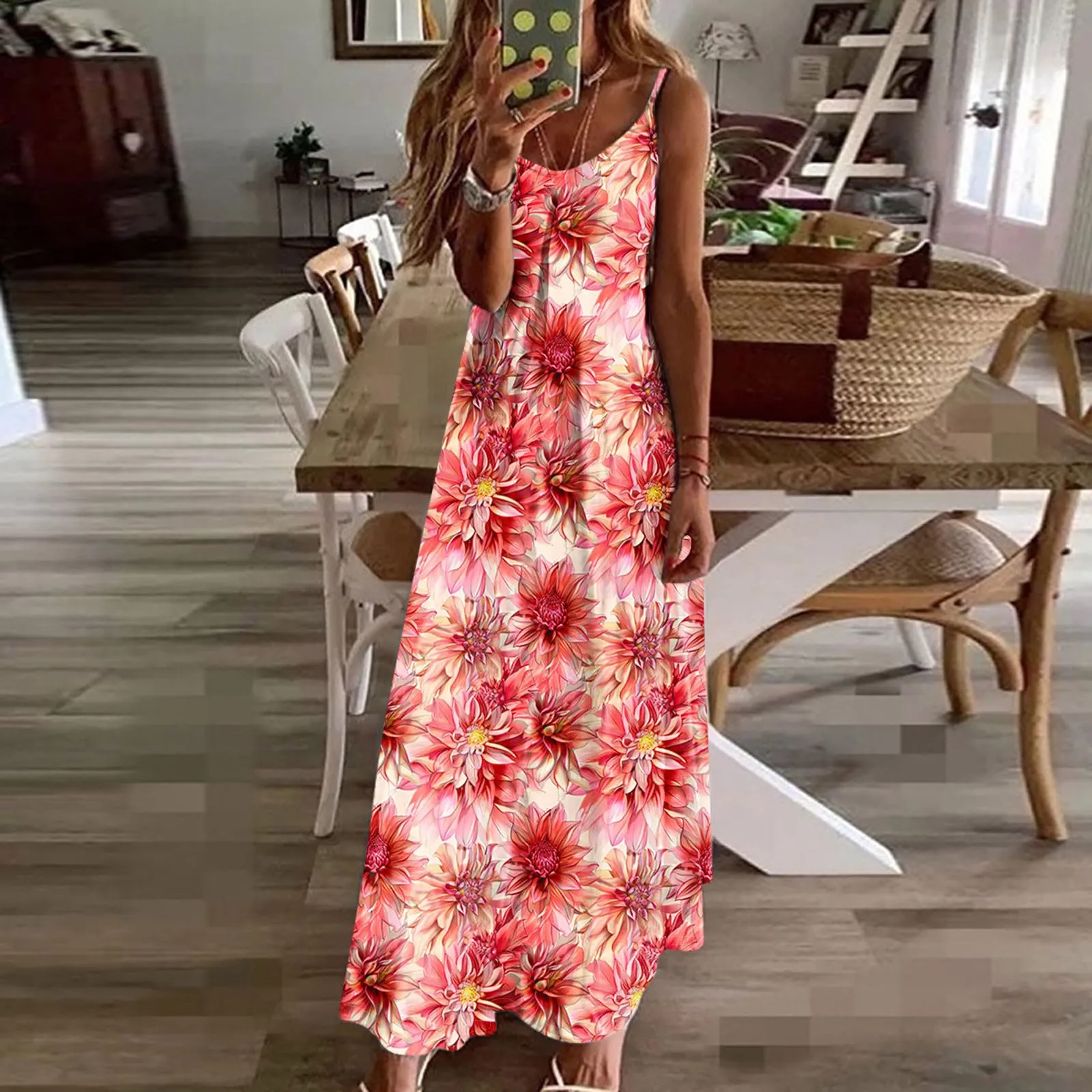 Abito estivo da donna, lungo, alla moda, con stampa floreale, linea ad A, senza maniche, lunghezza alla caviglia, leggero e confortevole, per le vacanze, per il tempo libero, da skater, P-ink, L - immagine 3