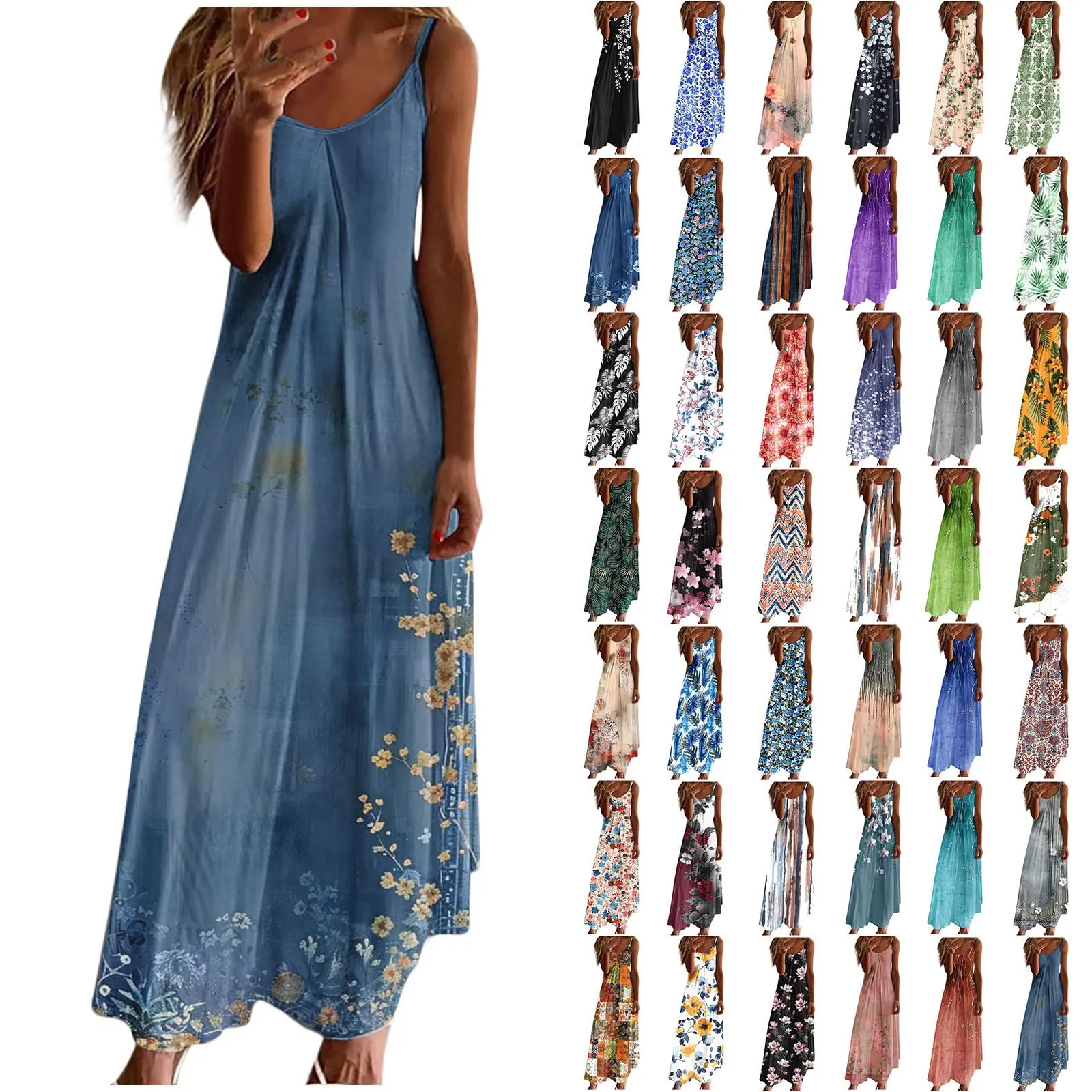 Abito estivo da donna, lungo, alla moda, con stampa floreale, linea ad A, senza maniche, lunghezza alla caviglia, leggero e confortevole, per le vacanze, per il tempo libero, da skater, multicolore - immagine 2