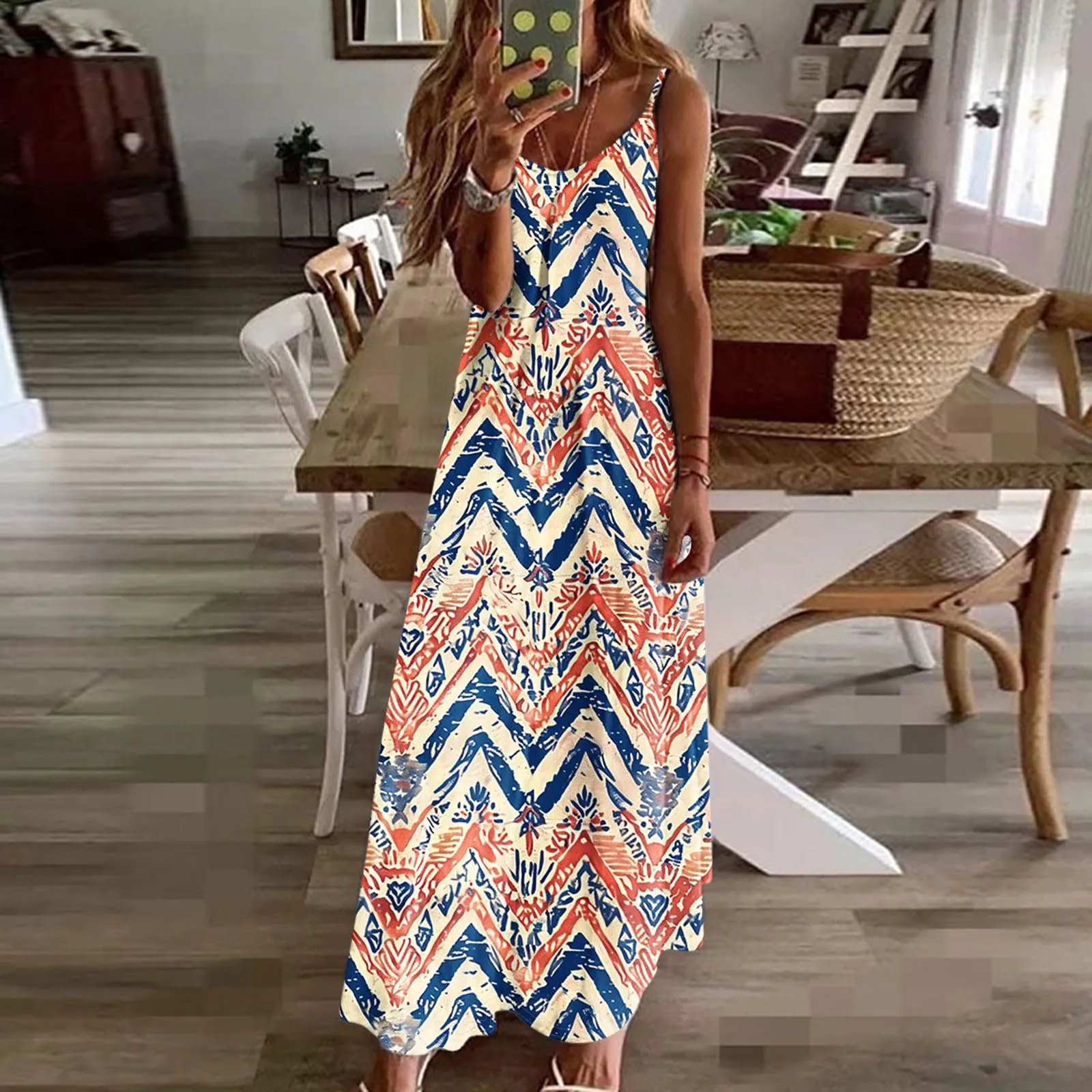 Abito estivo da donna, lungo, alla moda, con stampa floreale, linea ad A, senza maniche, lunghezza alla caviglia, leggero e confortevole, per le vacanze, per il tempo libero, da skater, multicolore - immagine 3