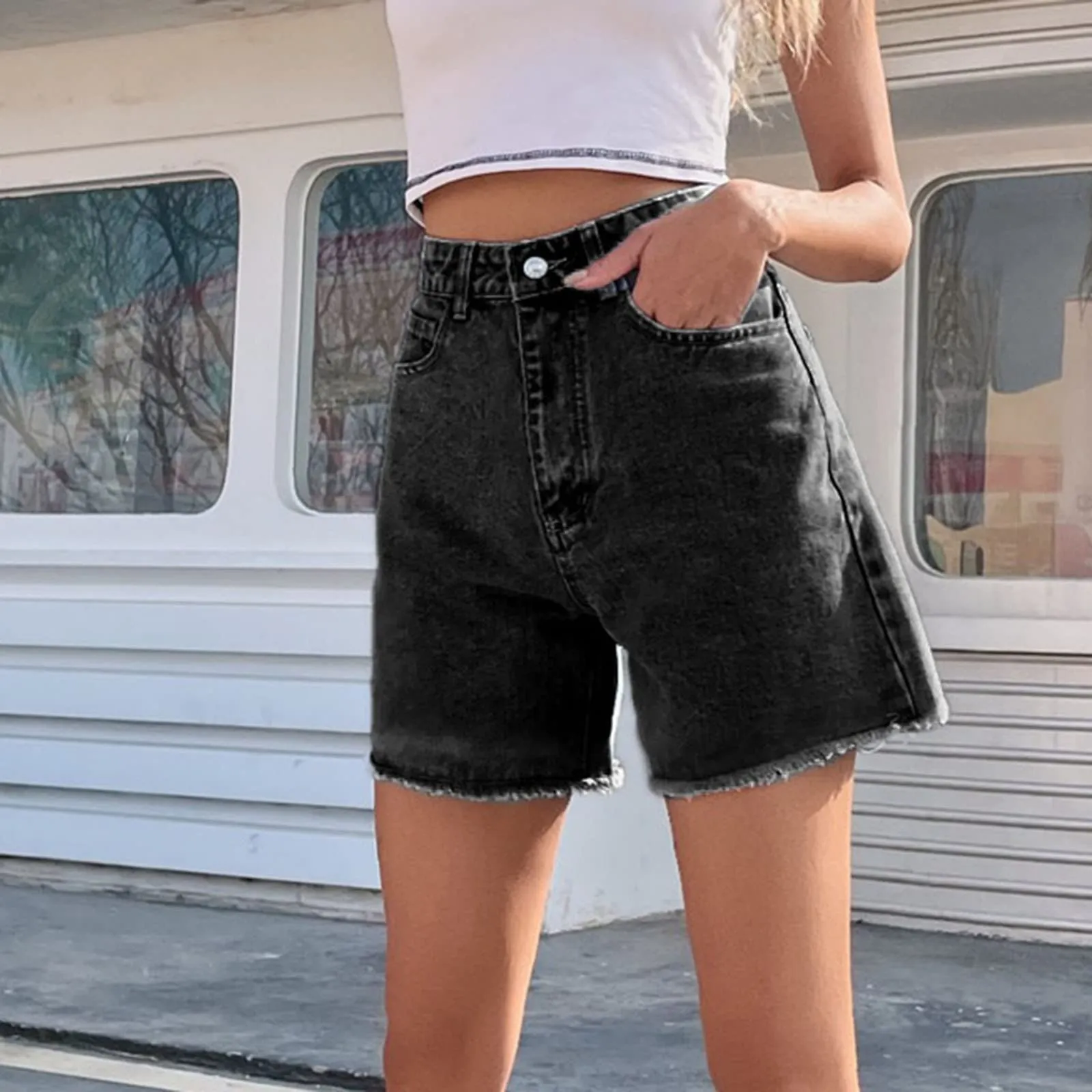 Generico Jeans Corti Donna - Pantaloncini Jeans Donna Elegante Vita Alta Stretch Larghi Cusual con Orlo Sfilacciato Strappato Pantaloncini Slim Fit Estivi Corti Pantaloni con Tasche - immagine 2