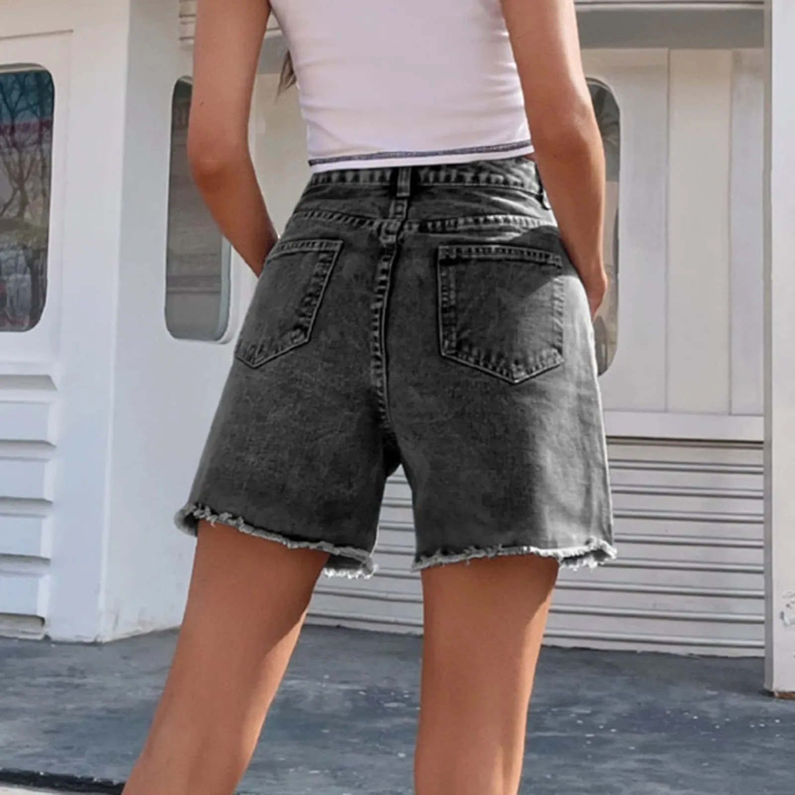 Generico Jeans Corti Donna - Pantaloncini Jeans Donna Elegante Vita Alta Stretch Larghi Cusual con Orlo Sfilacciato Strappato Pantaloncini Slim Fit Estivi Corti Pantaloni con Tasche - immagine 2