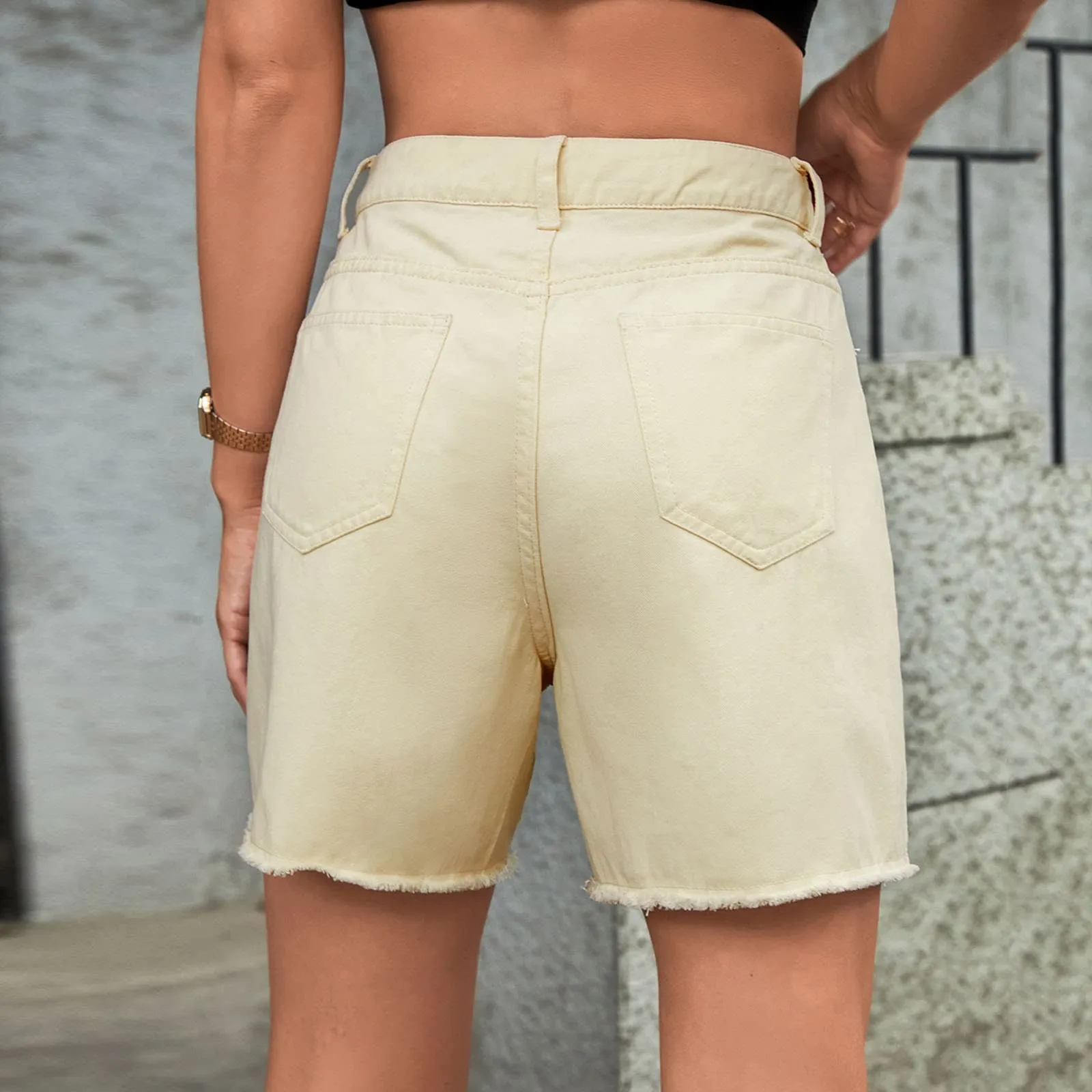 Generico Jeans Corti Donna - Pantaloncini Jeans Donna Elegante Vita Alta Stretch Larghi Cusual con Orlo Sfilacciato Strappato Pantaloncini Slim Fit Estivi Corti Pantaloni con Tasche - immagine 5
